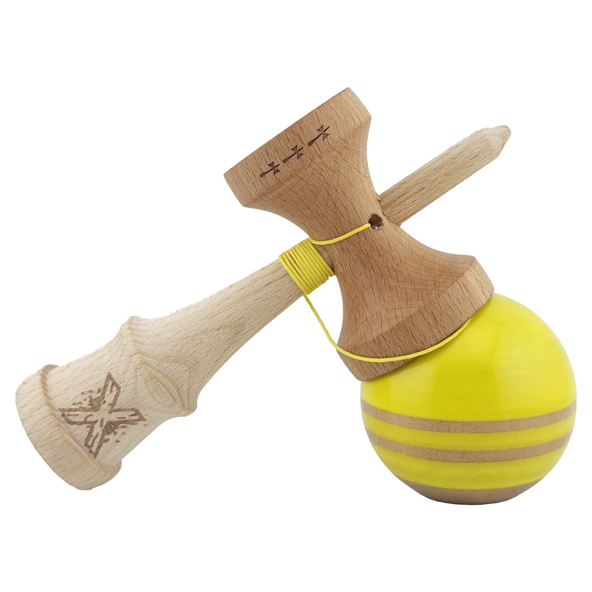 Kendama X Rainbow Originala, Profesionala, Flippy, Big Cups V2, Super Sticky cu Cupe Mari, Rulment Metalic, din lemn 18 cm, Ata 55 cm, Galben/Maro