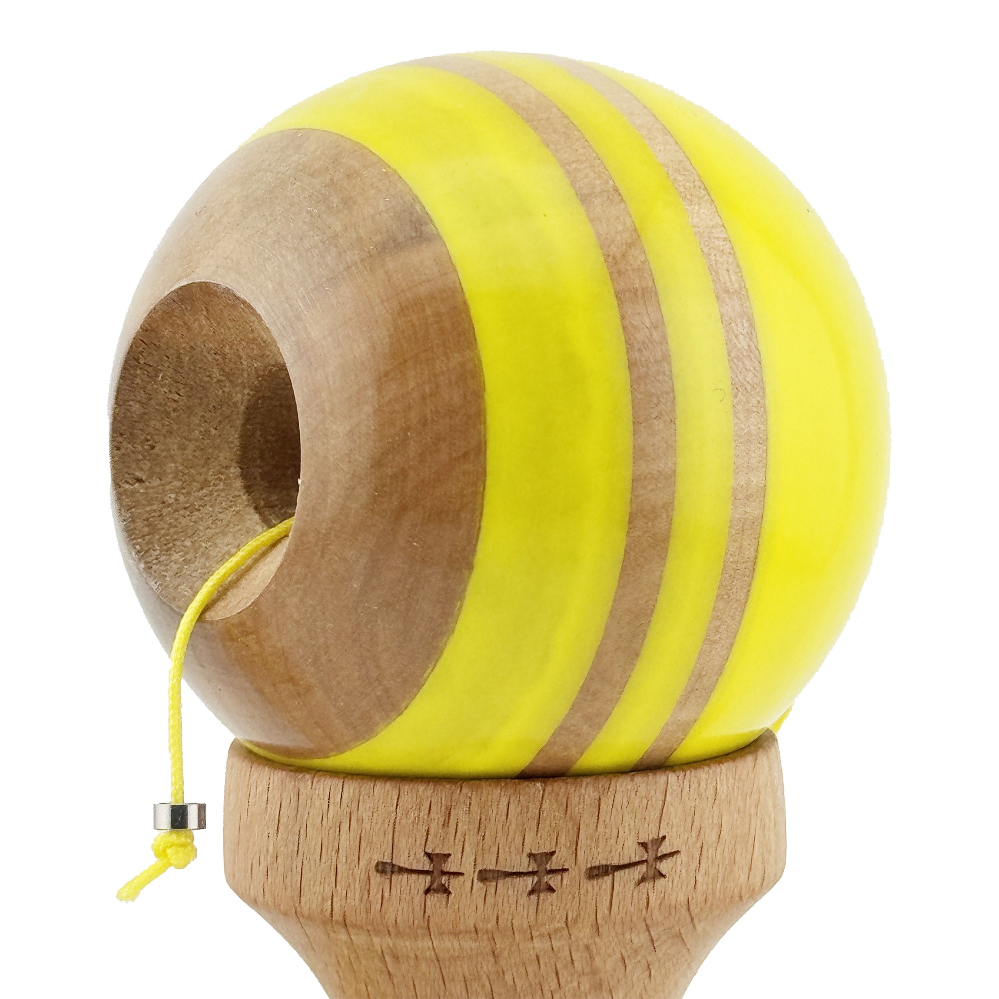 Kendama X Rainbow Originala, Profesionala, Flippy, Big Cups V2, Super Sticky cu Cupe Mari, Rulment Metalic, din lemn 18 cm, Ata 55 cm, Galben/Maro