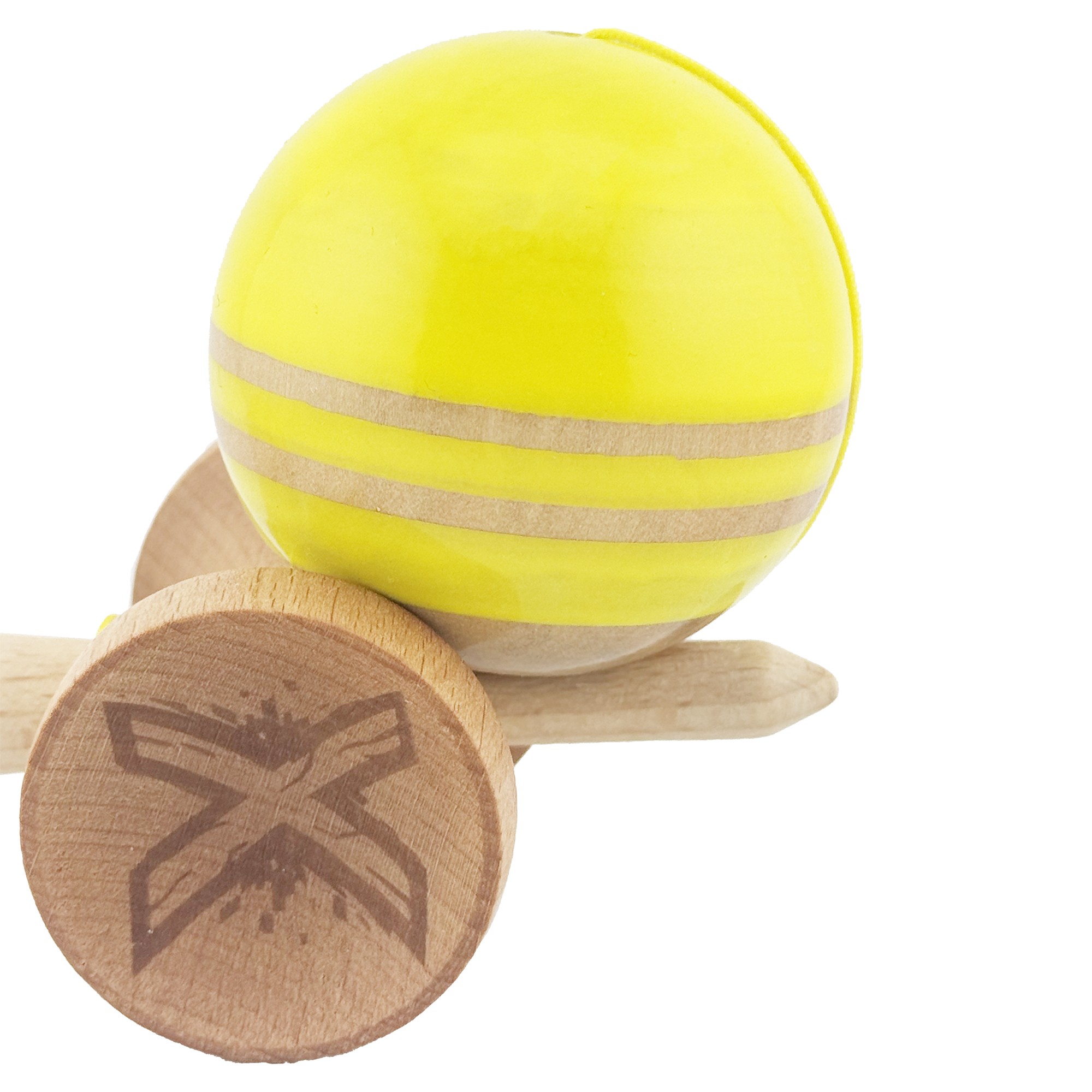 Kendama X Rainbow Originala, Profesionala, Flippy, Big Cups V2, Super Sticky cu Cupe Mari, Rulment Metalic, din lemn 18 cm, Ata 55 cm, Galben/Maro