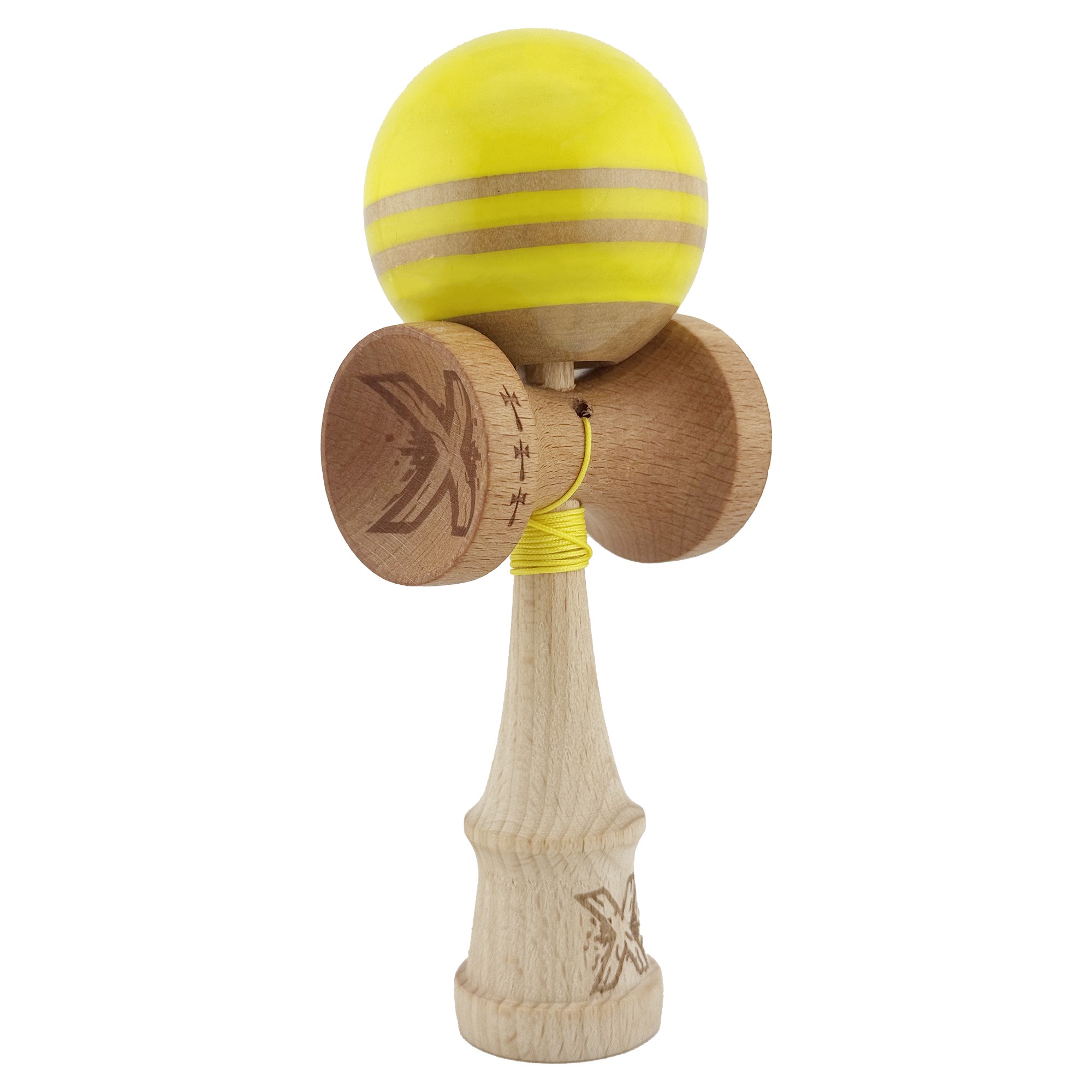 Kendama X Rainbow Originala, Profesionala, Flippy, Big Cups V2, Super Sticky cu Cupe Mari, Rulment Metalic, din lemn 18 cm, Ata 55 cm, Galben/Maro