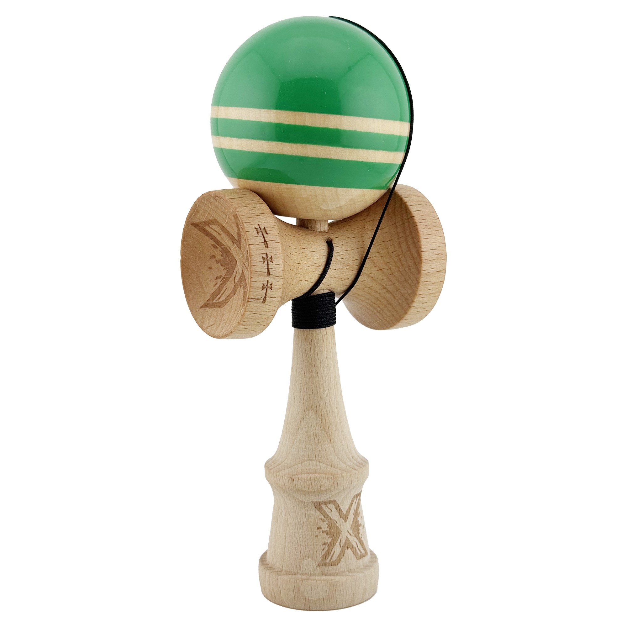 Kendama X Rainbow Originala, Profesionala, Flippy, Big Cups V2, Super Sticky cu Cupe Mari, Rulment Metalic, din lemn 18 cm, Ata 55 cm, Verde/Maro
