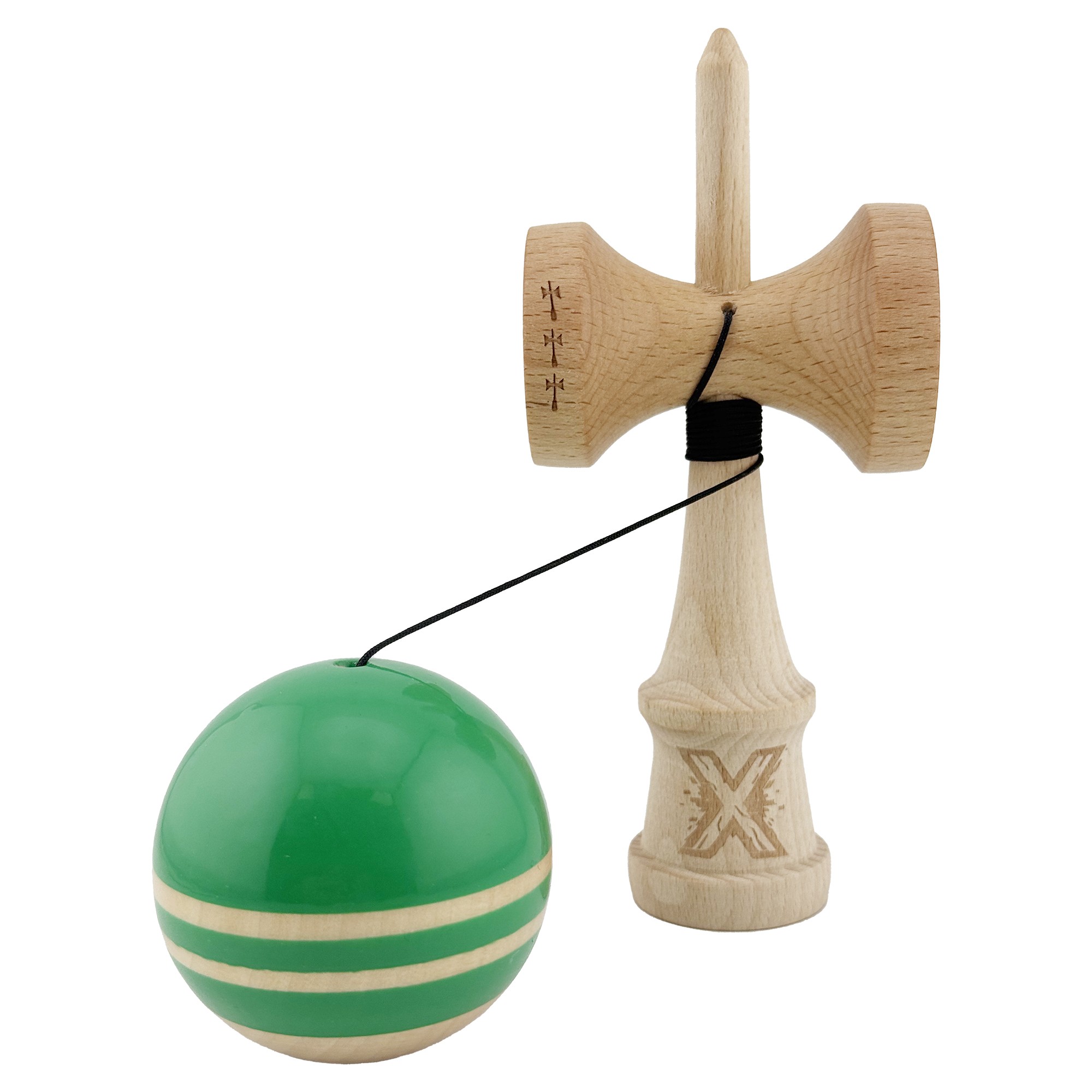 Kendama X Rainbow Originala, Profesionala, Flippy, Big Cups V2, Super Sticky cu Cupe Mari, Rulment Metalic, din lemn 18 cm, Ata 55 cm, Verde/Maro