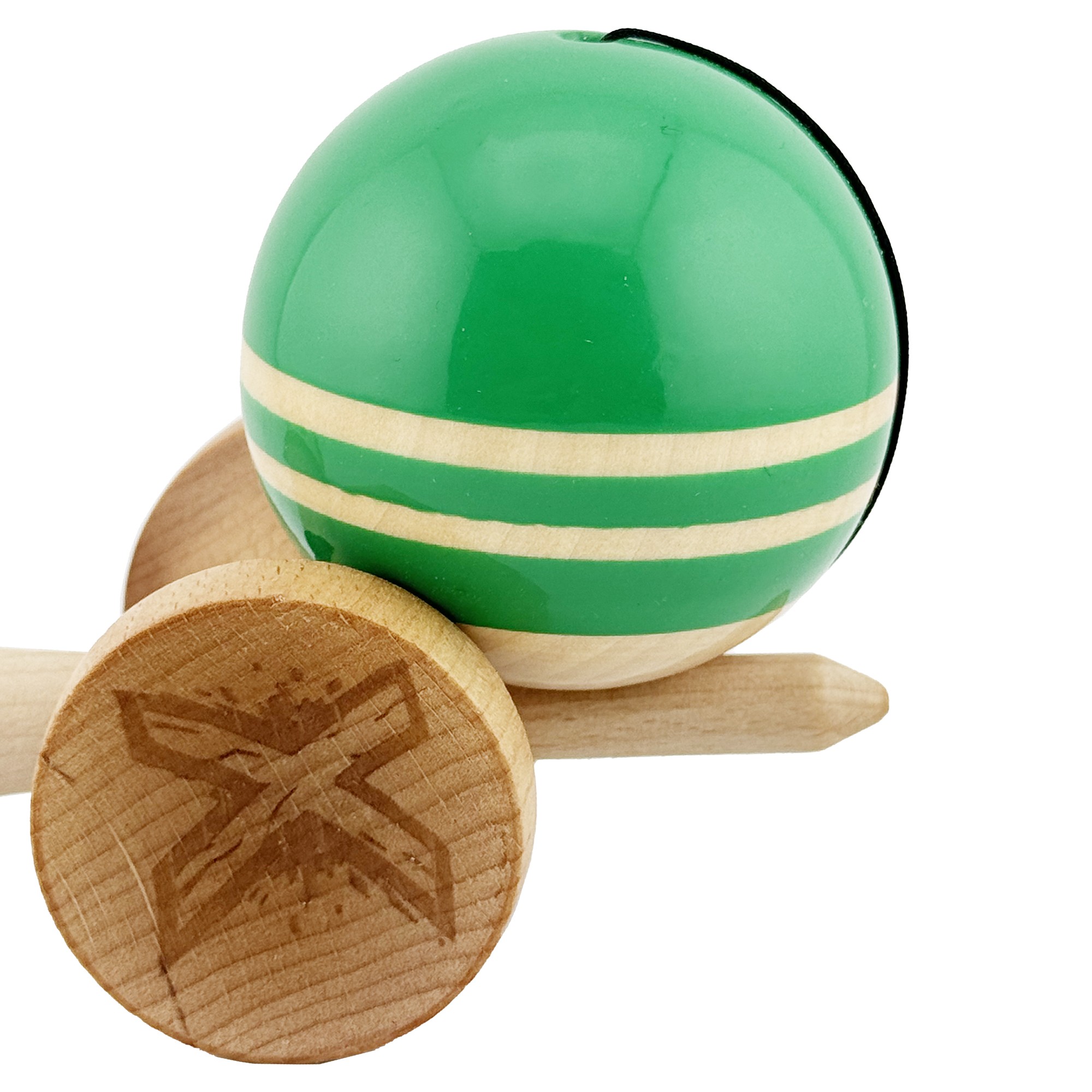 Kendama X Rainbow Originala, Profesionala, Flippy, Big Cups V2, Super Sticky cu Cupe Mari, Rulment Metalic, din lemn 18 cm, Ata 55 cm, Verde/Maro
