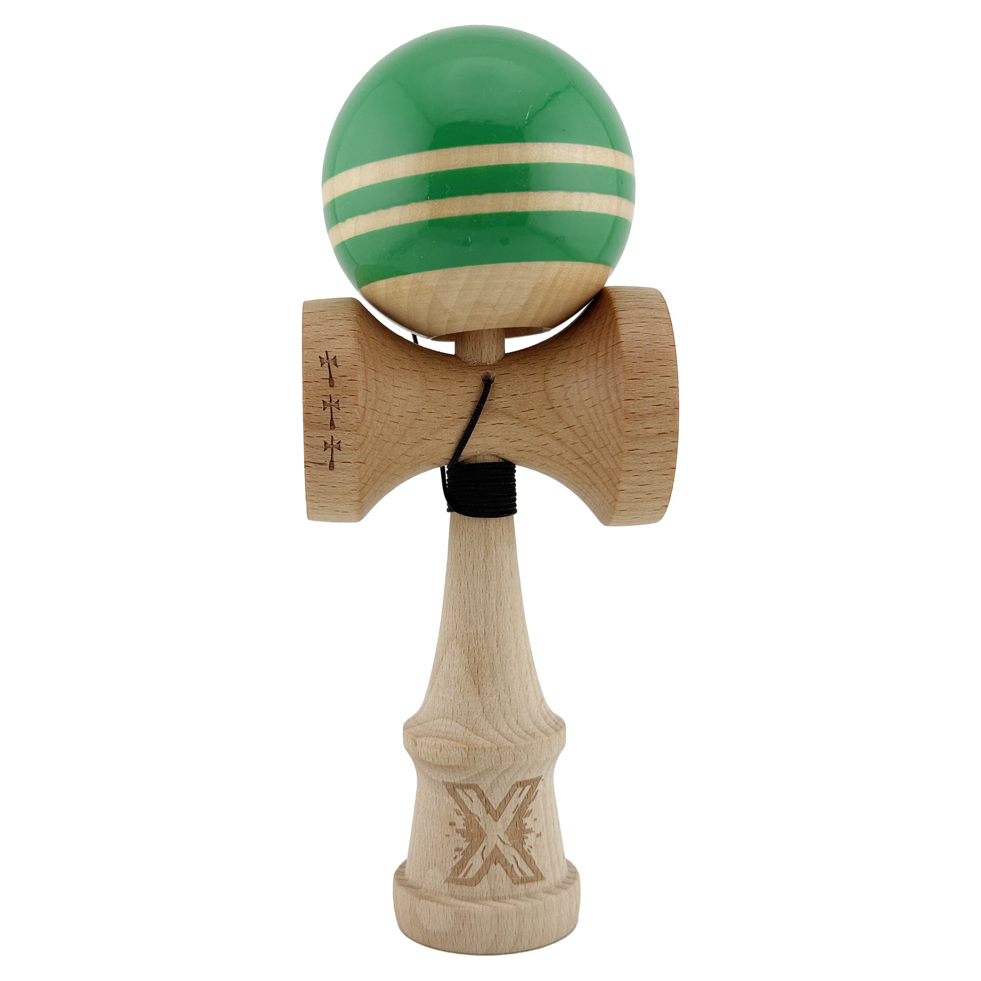 Kendama X Rainbow Originala, Profesionala, Flippy, Big Cups V2, Super Sticky cu Cupe Mari, Rulment Metalic, din lemn 18 cm, Ata 55 cm, Verde/Maro