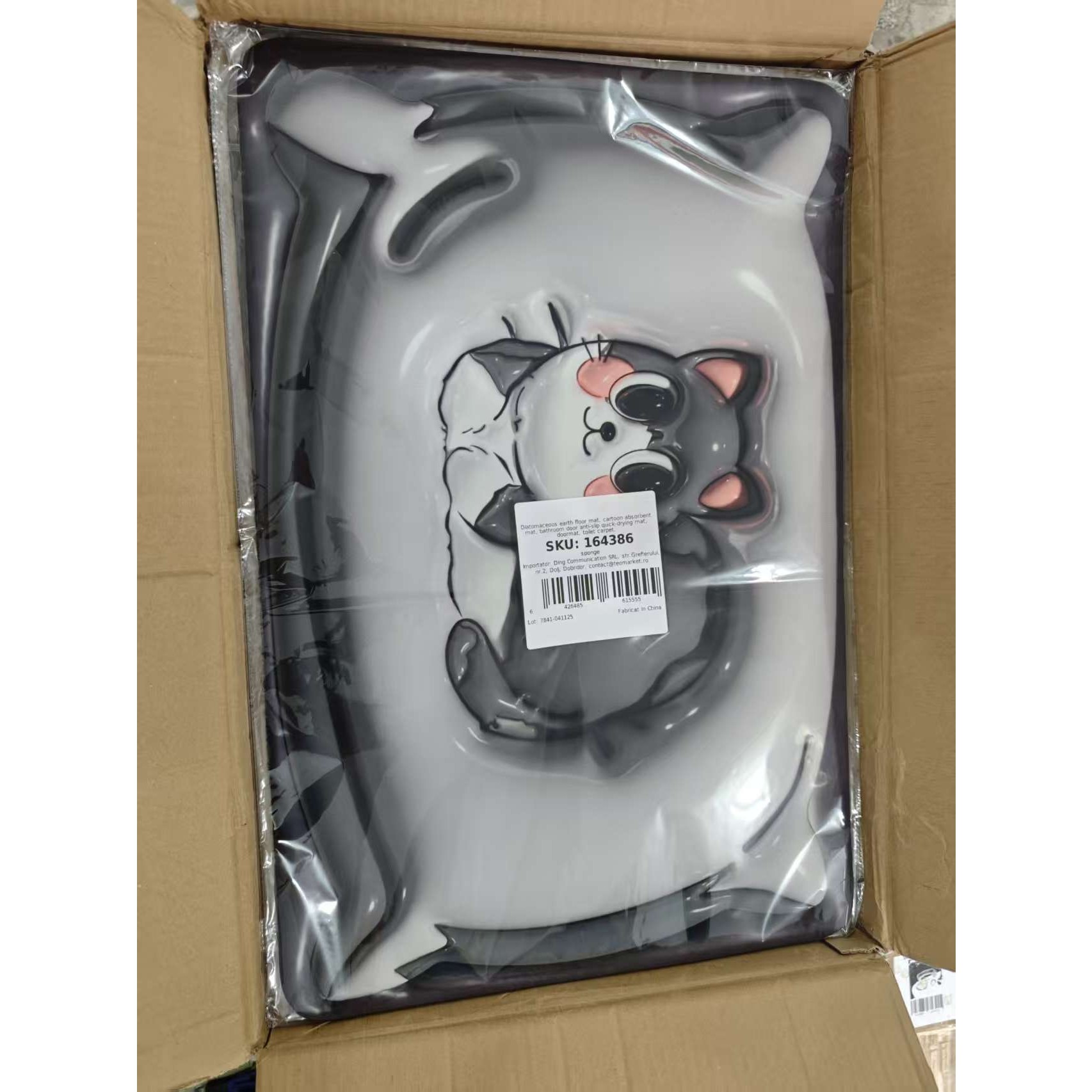 Covor de Baie, Flippy, 3D, din Spuma, Antialunecare, Absorbant, 40 x 60 cm, Model Pisica, Gri