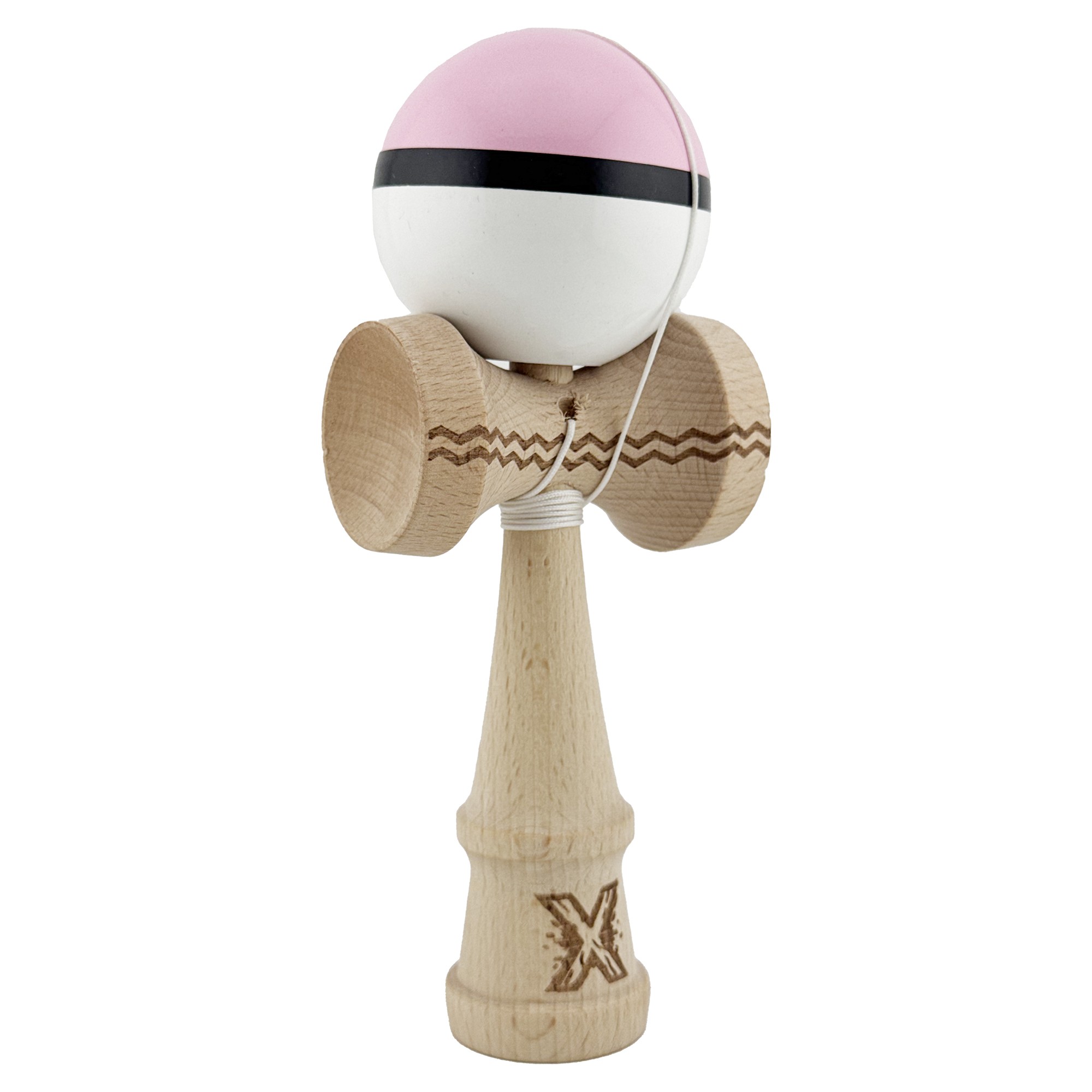 Kendama X Originala, Profesionala, Flippy, din Lemn, Gravata, 18 cm, Super Sticky, Roz/Negru/Alb