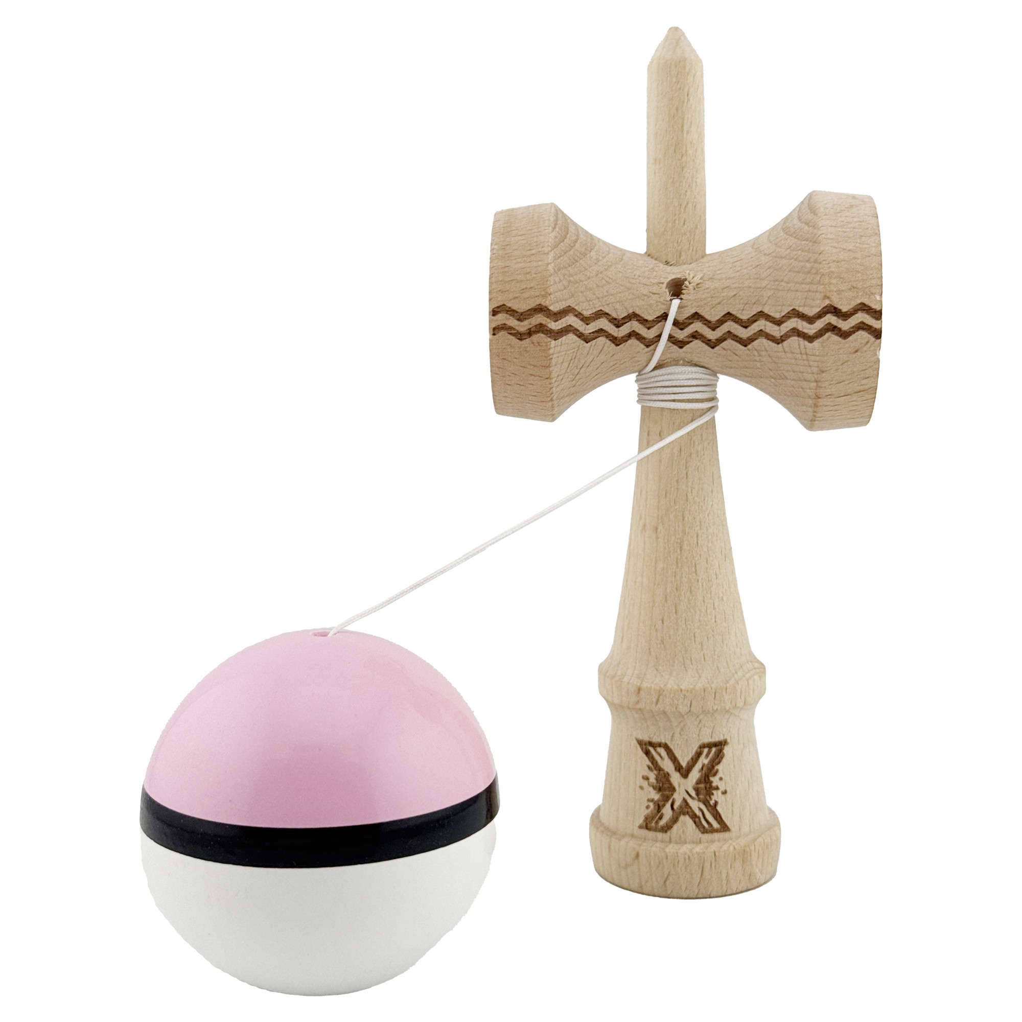 Kendama X Originala, Profesionala, Flippy, din Lemn, Gravata, 18 cm, Super Sticky, Roz/Negru/Alb