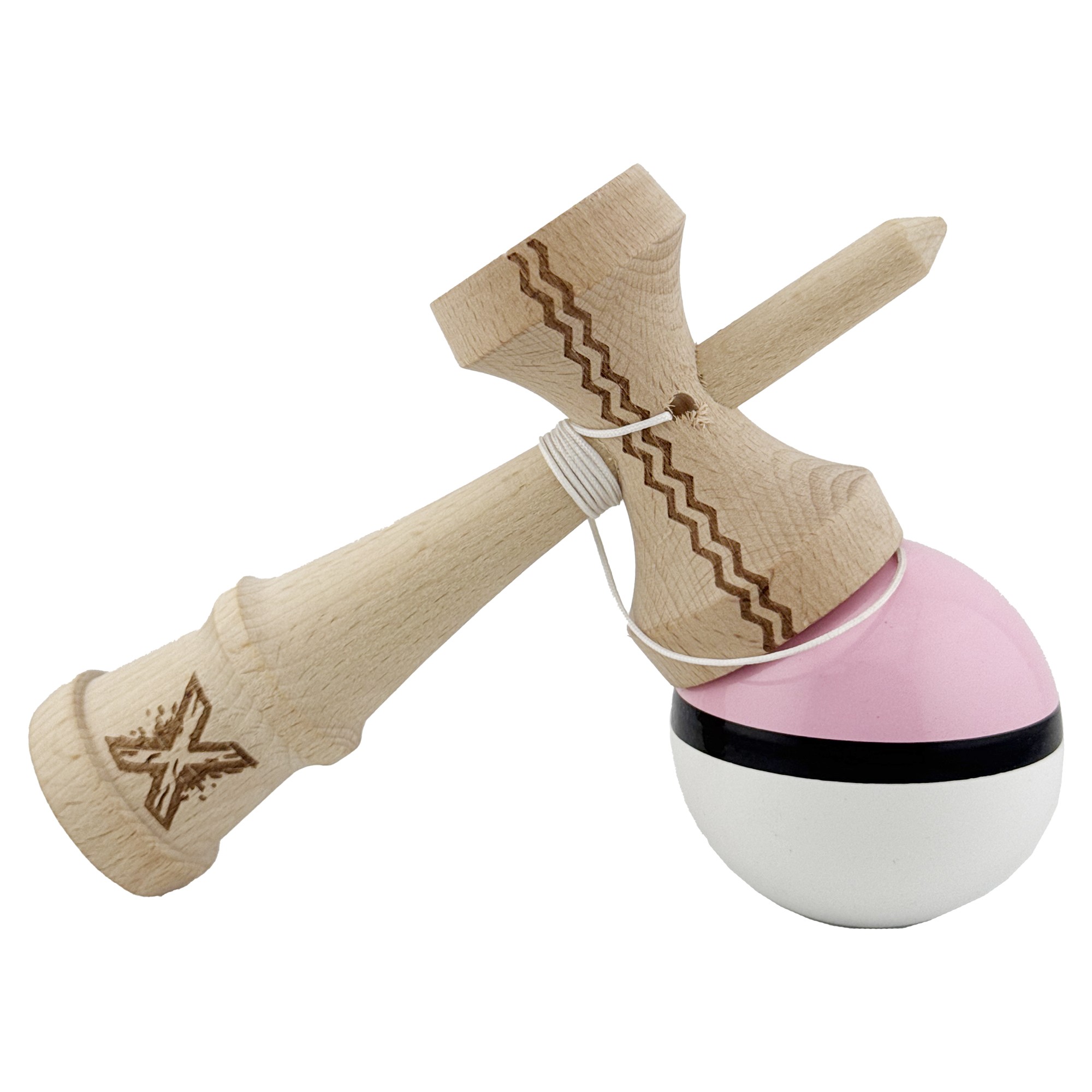 Kendama X Originala, Profesionala, Flippy, din Lemn, Gravata, 18 cm, Super Sticky, Roz/Negru/Alb