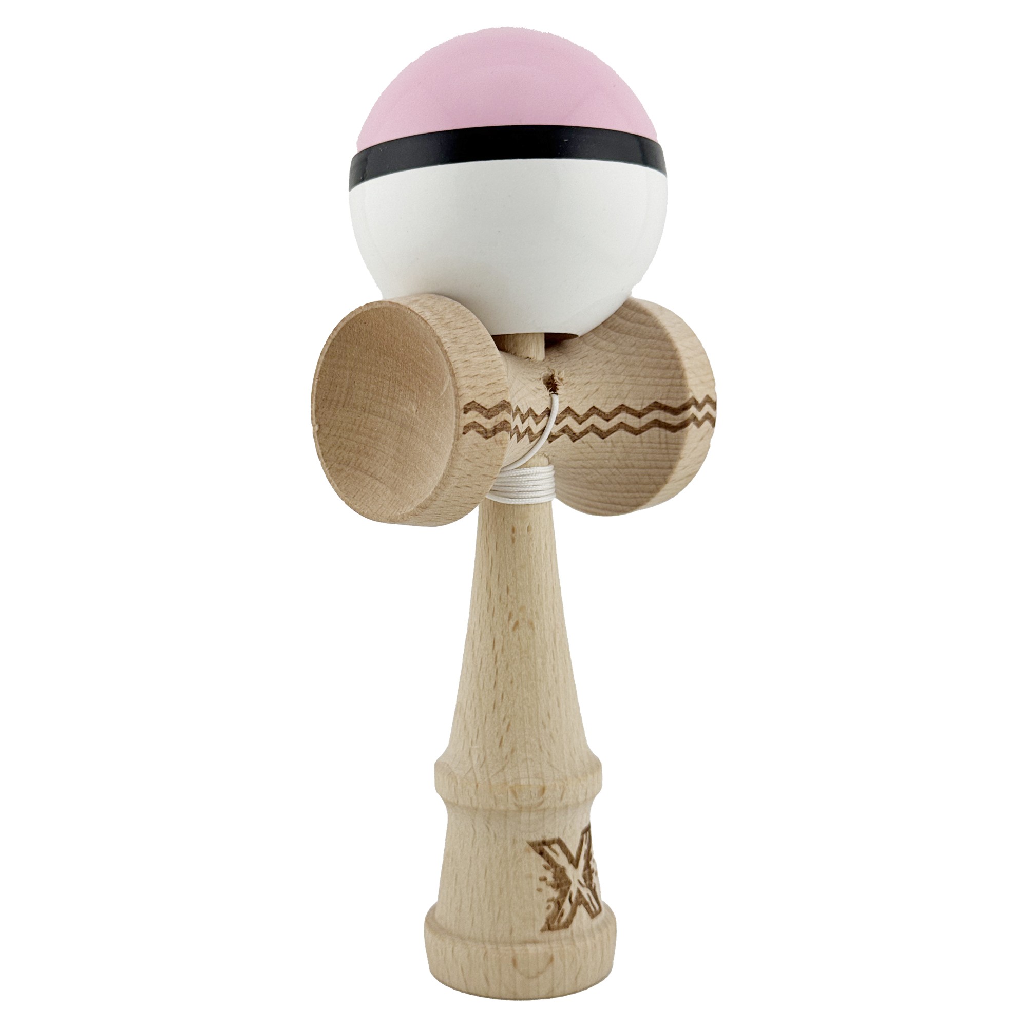 Kendama X Originala, Profesionala, Flippy, din Lemn, Gravata, 18 cm, Super Sticky, Roz/Negru/Alb