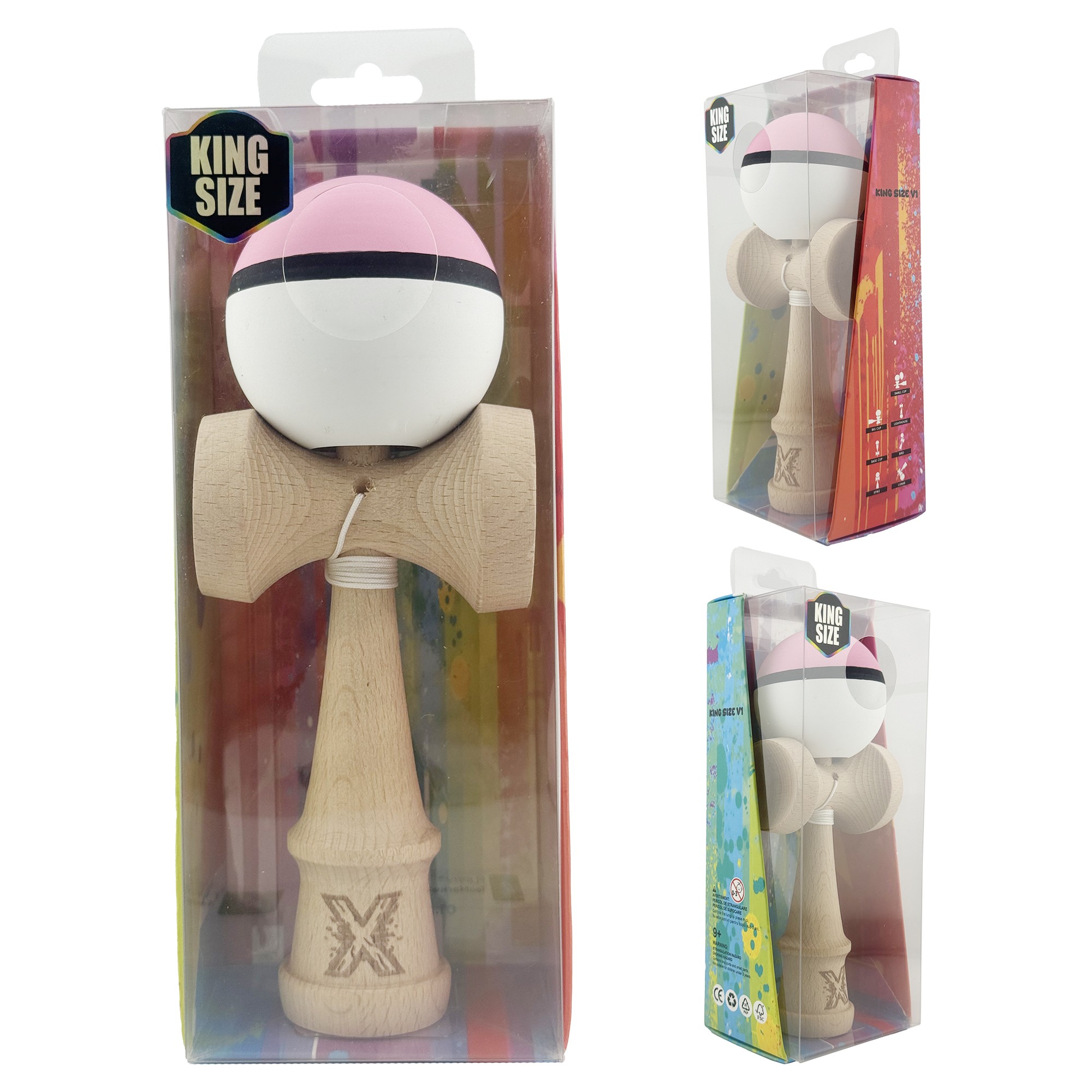 Kendama X Originala, Profesionala, Flippy, din Lemn, Gravata, 18 cm, Super Sticky, Roz/Negru/Alb