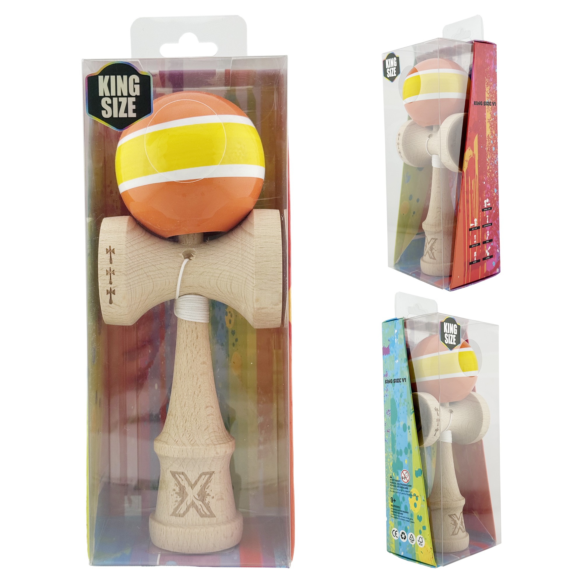 Kendama X Originala, Profesionala, Flippy, Big Cups V2, Super Sticky Legendary Cupe Mari, Rulment Metalic cu Ata 55 cm, Portocaliu/Galben/Alb