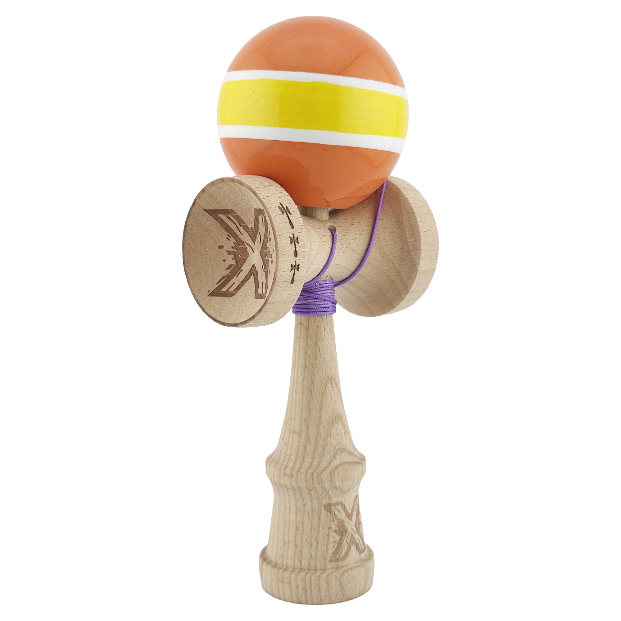 Kendama X Originala, Profesionala, Flippy, Big Cups V2, Super Sticky Legendary Cupe Mari, Rulment Metalic cu Ata 55 cm, Portocaliu/Galben/Alb