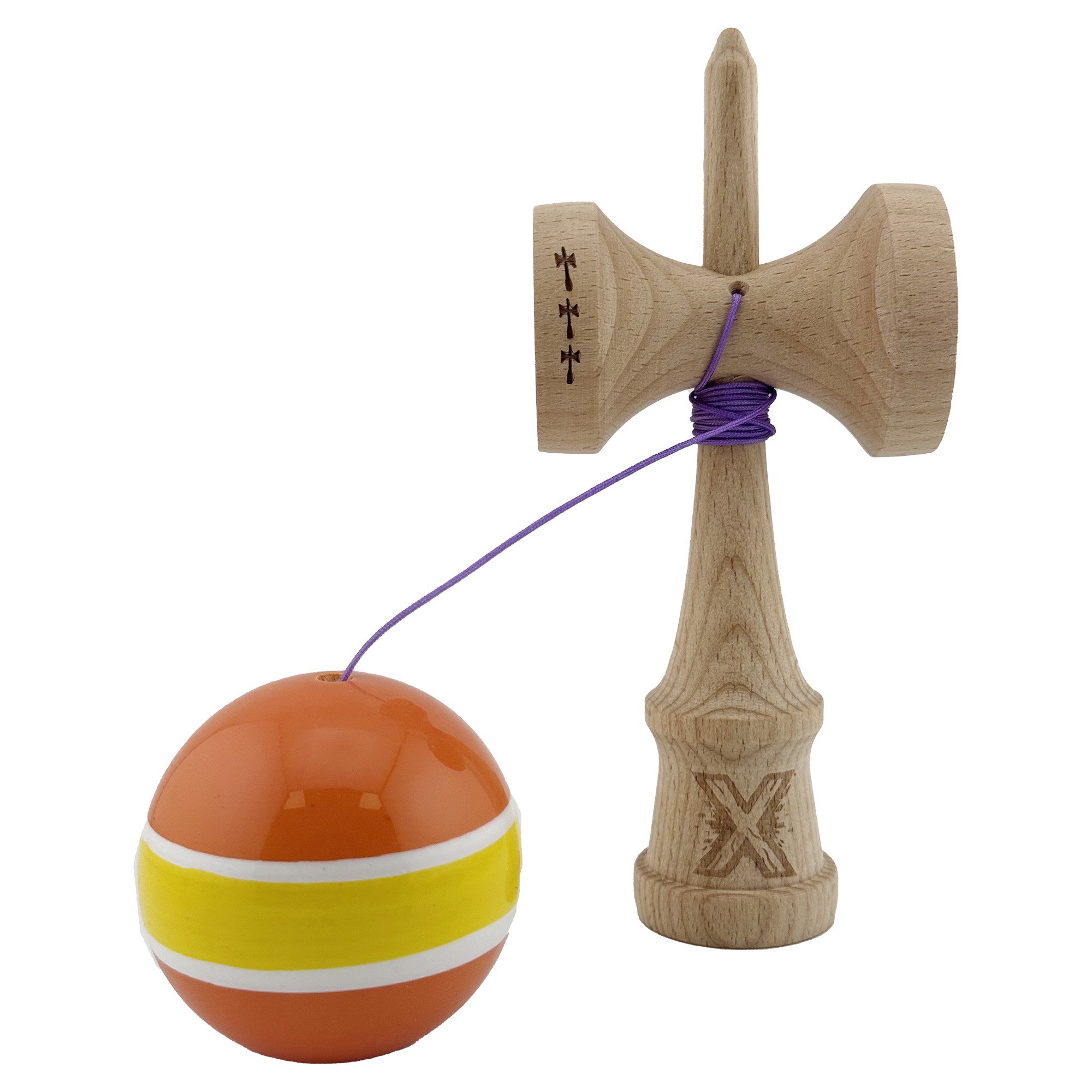 Kendama X Originala, Profesionala, Flippy, Big Cups V2, Super Sticky Legendary Cupe Mari, Rulment Metalic cu Ata 55 cm, Portocaliu/Galben/Alb