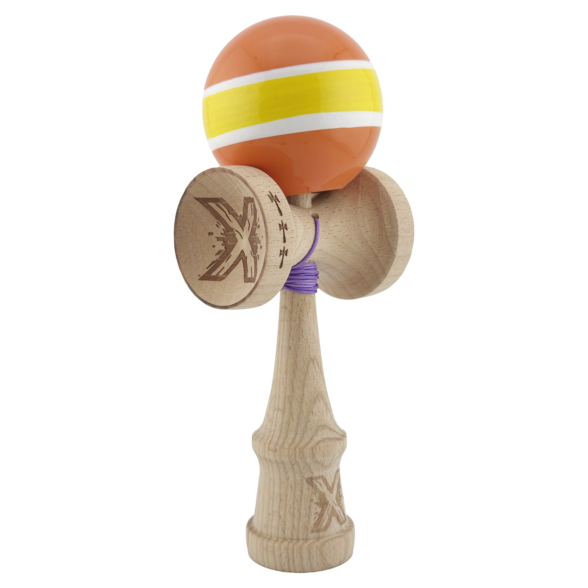 Kendama X Originala, Profesionala, Flippy, Big Cups V2, Super Sticky Legendary Cupe Mari, Rulment Metalic cu Ata 55 cm, Portocaliu/Galben/Alb