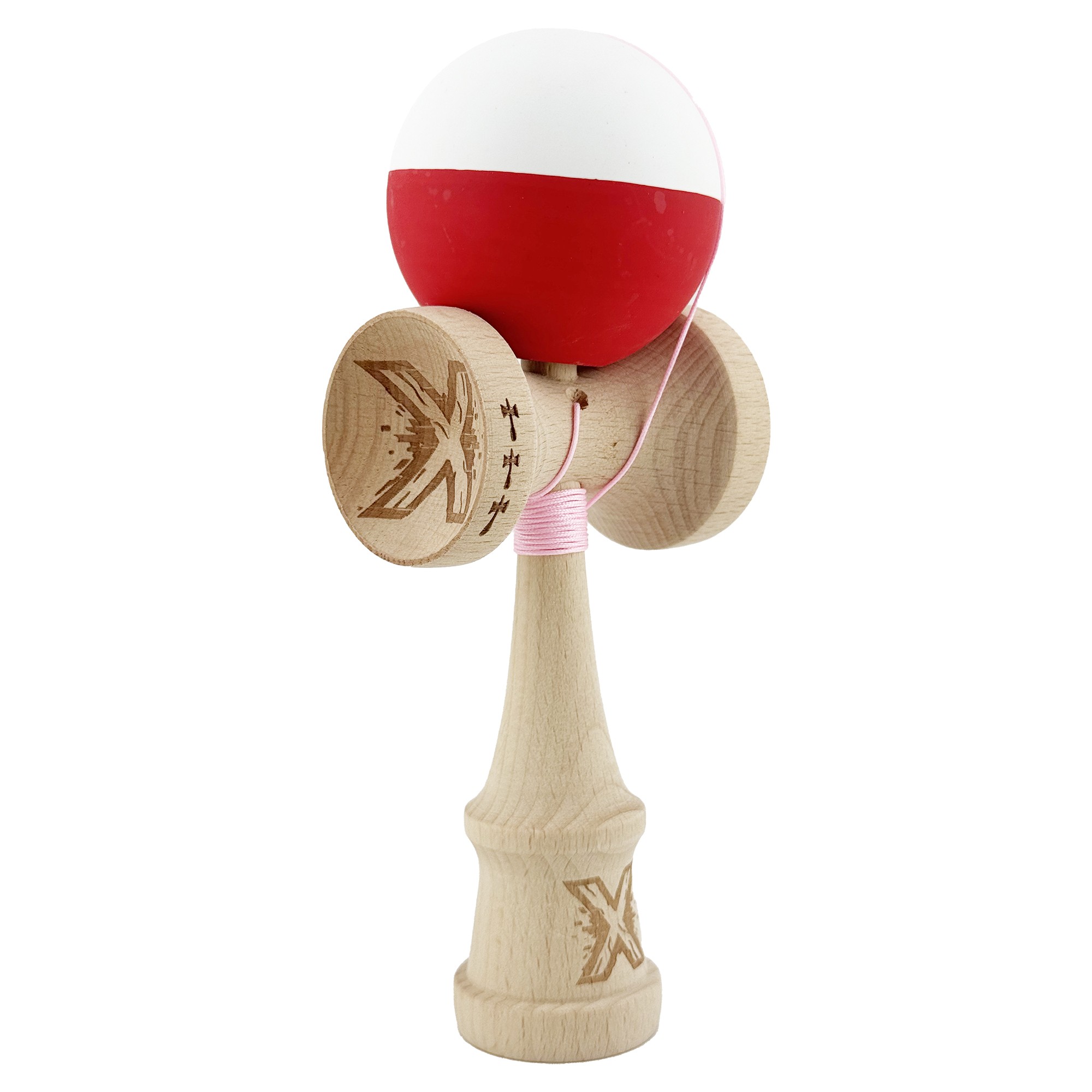 Kendama X Originala, Profesionala, Flippy, Big Cups V2, Rubber Grip cu Cupe Mari, Rulment Metalic cu Ata 55 cm, Alb/Rosu