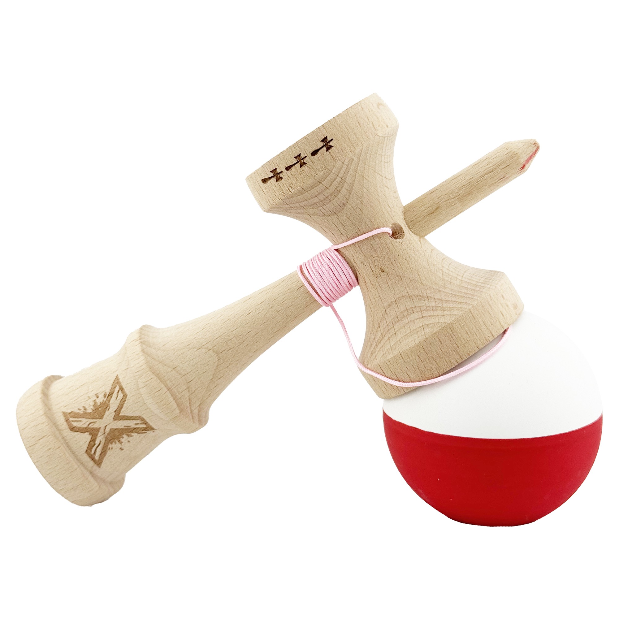 Kendama X Originala, Profesionala, Flippy, Big Cups V2, Rubber Grip cu Cupe Mari, Rulment Metalic cu Ata 55 cm, Alb/Rosu