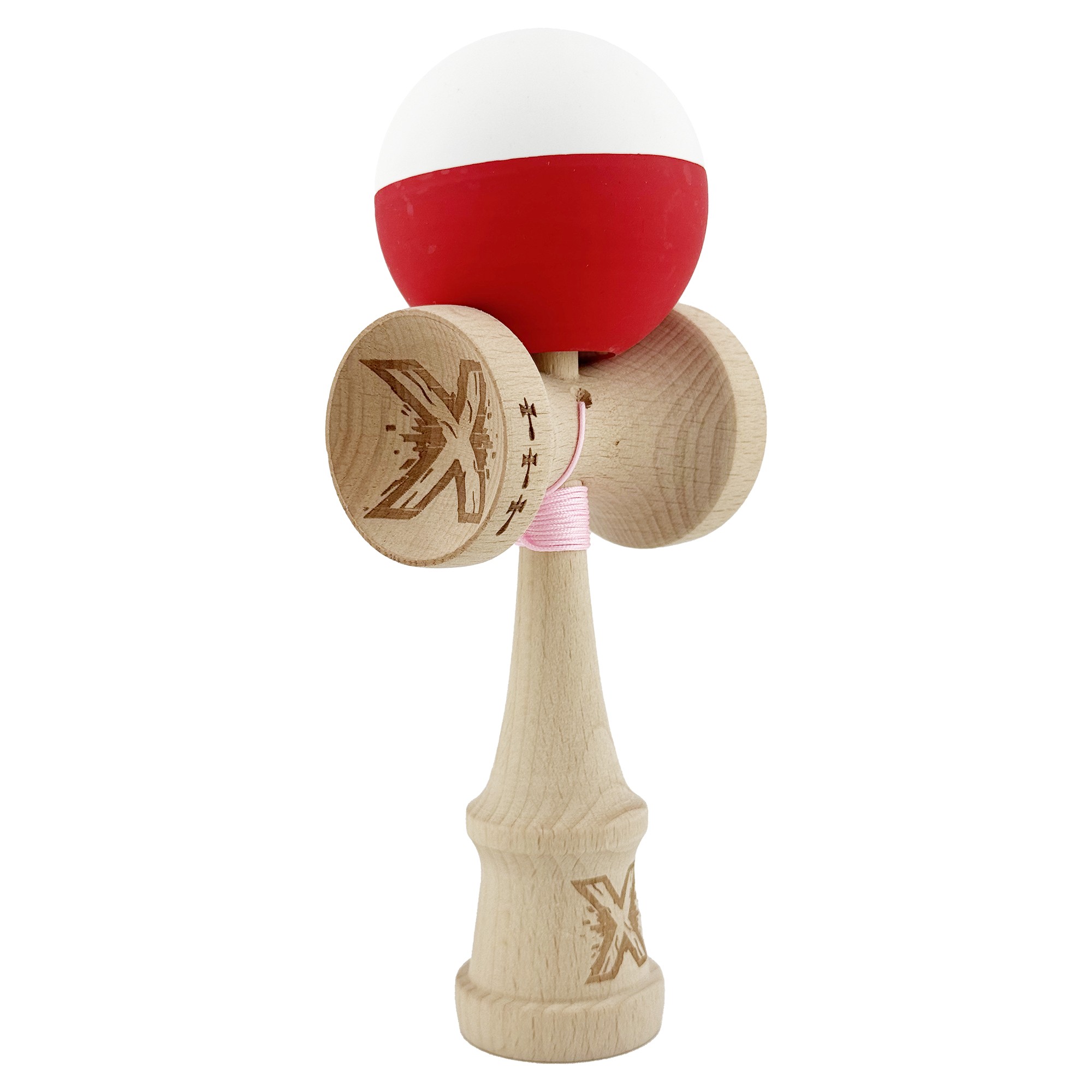 Kendama X Originala, Profesionala, Flippy, Big Cups V2, Rubber Grip cu Cupe Mari, Rulment Metalic cu Ata 55 cm, Alb/Rosu