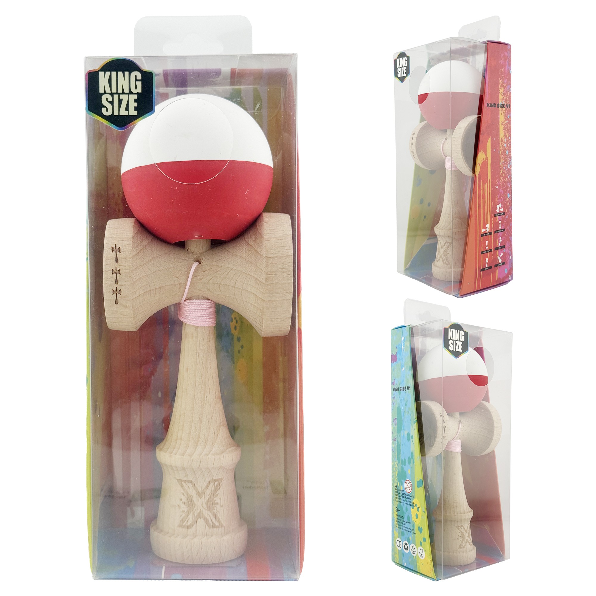 Kendama X Originala, Profesionala, Flippy, Big Cups V2, Rubber Grip cu Cupe Mari, Rulment Metalic cu Ata 55 cm, Alb/Rosu