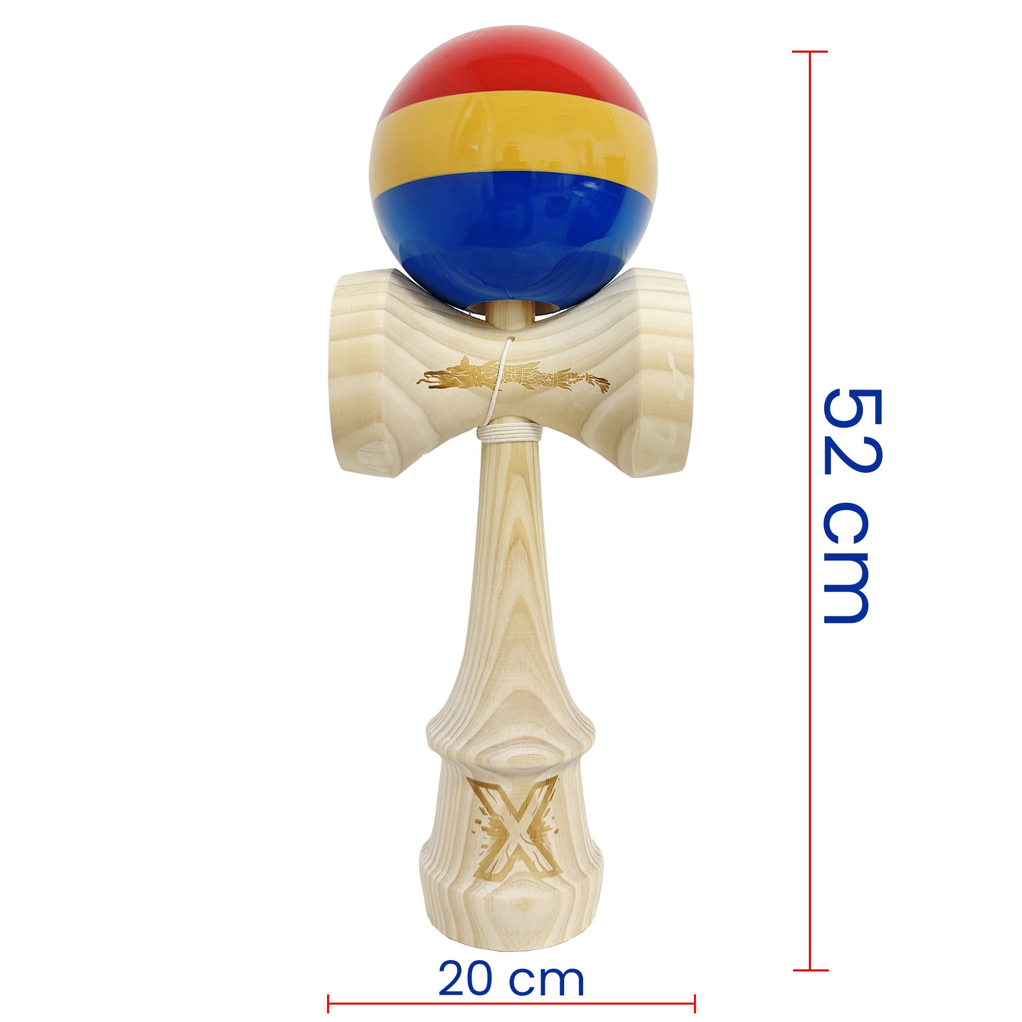 Kendama X Originala, Profesionala, Flippy, Inaltime 52 cm, SUPER BIG cu Cupe KING SIZE, Bila Super Sticky, Diametrul 17 cm, din Lemn, Multicolor