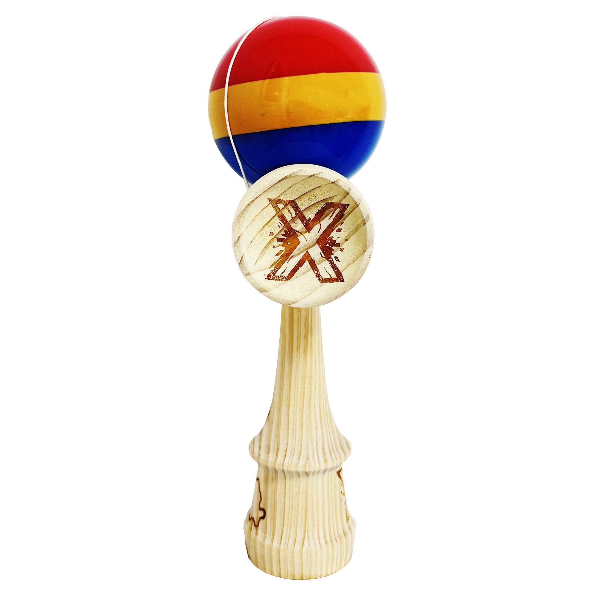 Kendama X Originala, Profesionala, Flippy, Inaltime 52 cm, SUPER BIG cu Cupe KING SIZE, Bila Super Sticky, Diametrul 17 cm, din Lemn, Multicolor