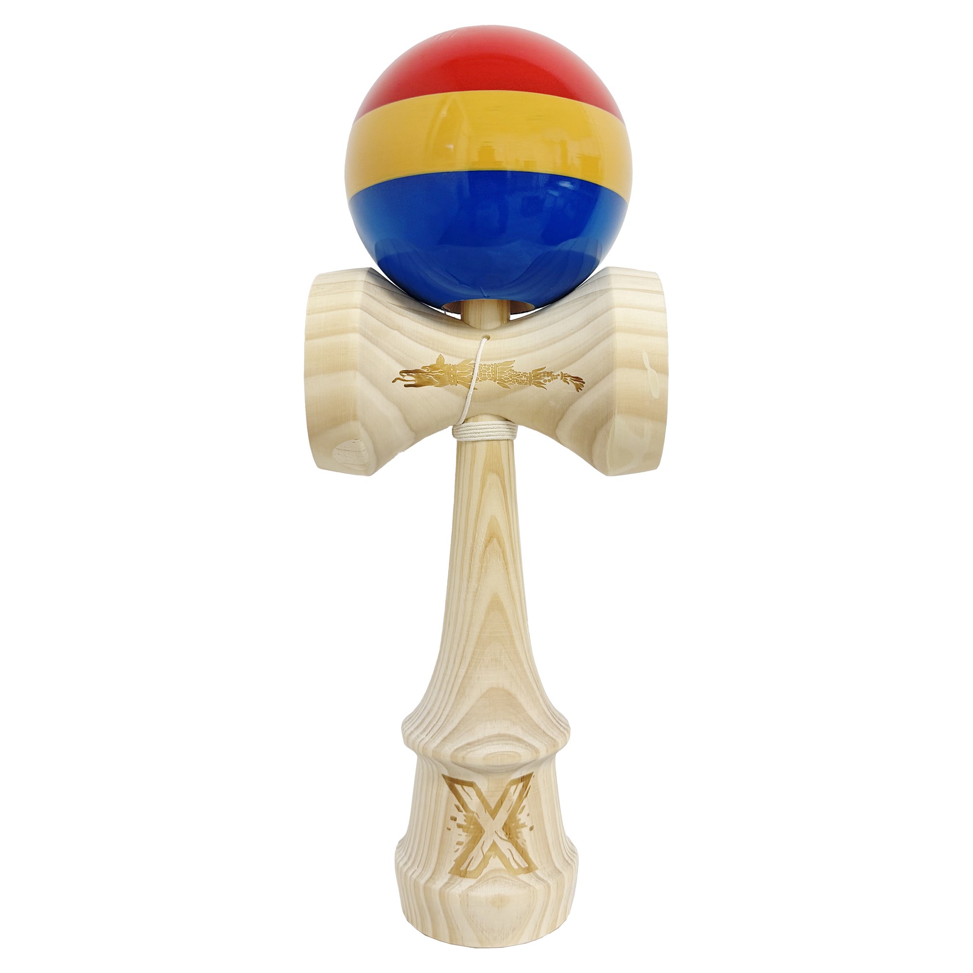 Kendama X Originala, Profesionala, Flippy, SUPER BIG cu Cupe KING SIZE, Bila Super Sticky, Diametrul 17 cm, din Lemn, 52 x 20 cm, Multicolor