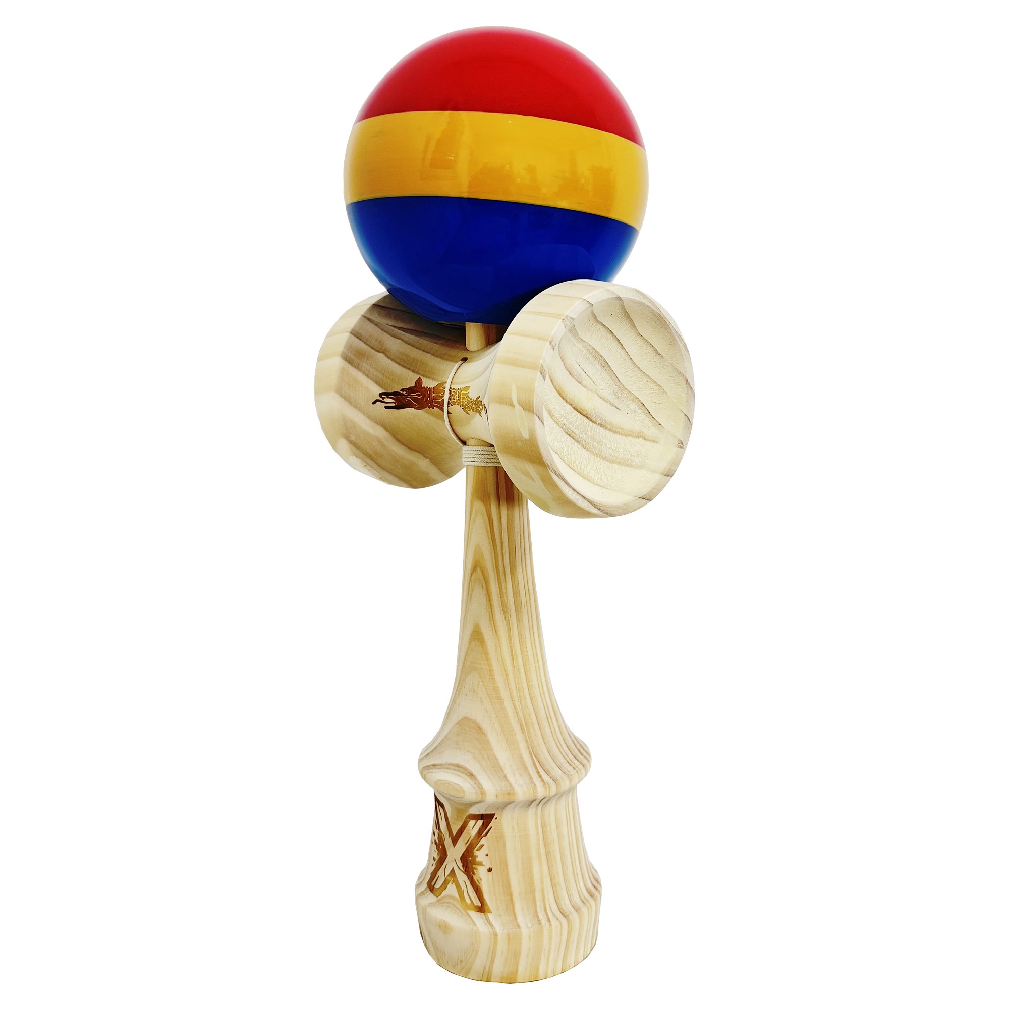 Kendama X Originala, Profesionala, Flippy, SUPER BIG cu Cupe KING SIZE, Bila Super Sticky, Diametrul 17 cm, din Lemn, 52 x 20 cm, Multicolor