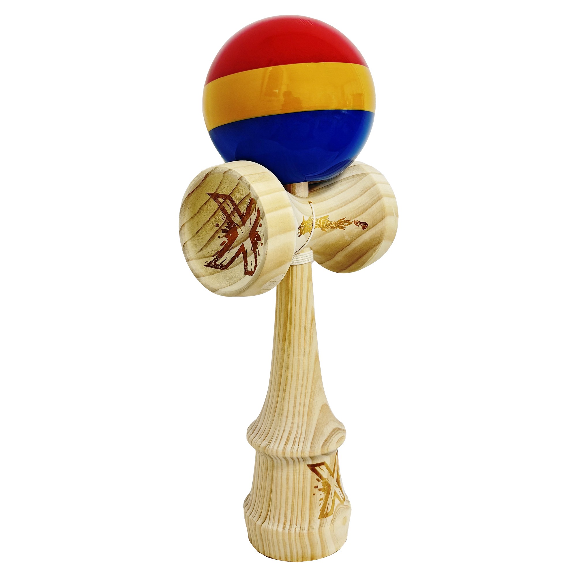 Kendama X Originala, Profesionala, Flippy, SUPER BIG cu Cupe KING SIZE, Bila Super Sticky, Diametrul 17 cm, din Lemn, 52 x 20 cm, Multicolor