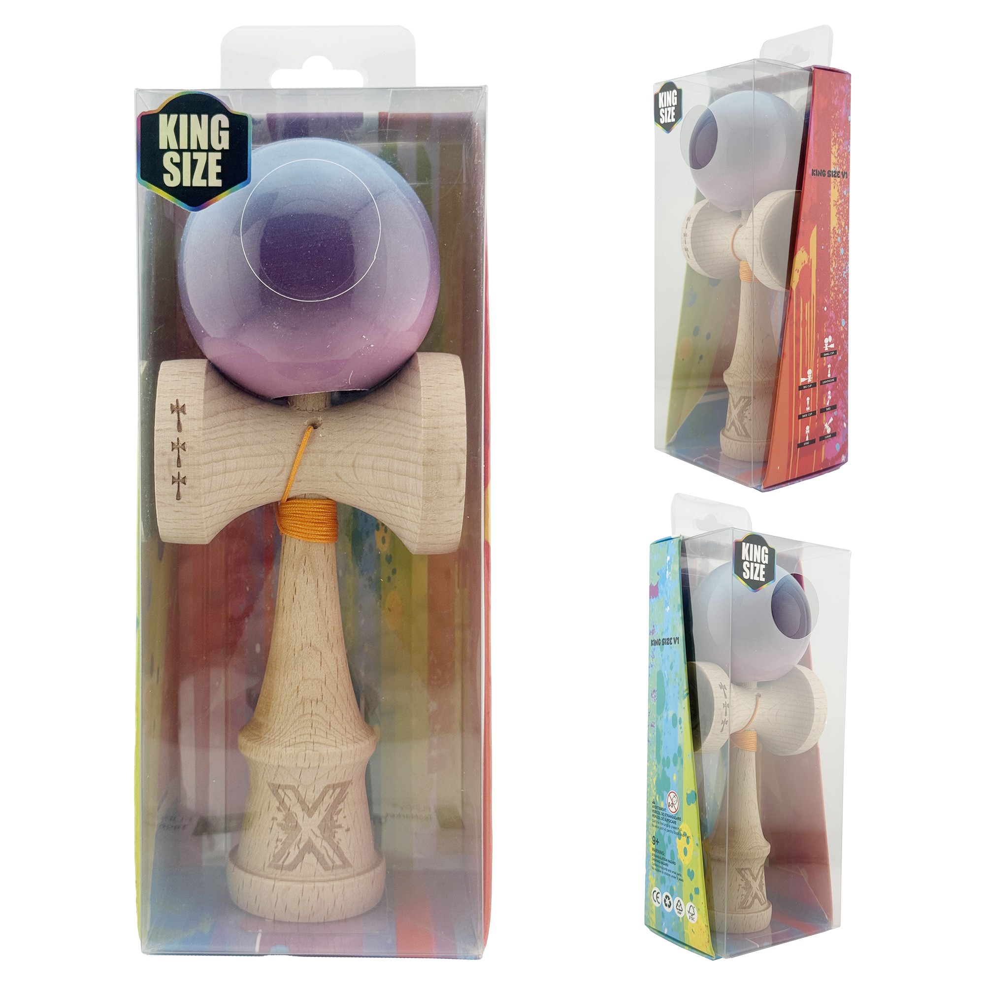 Kendama X Originala, Profesionala, Flippy, Big Cups V2, Super Sticky cu Cupe Mari, din lemn 18 cm, Rulment Metalic cu Ata 55 cm, Albastru/Mov/Roz