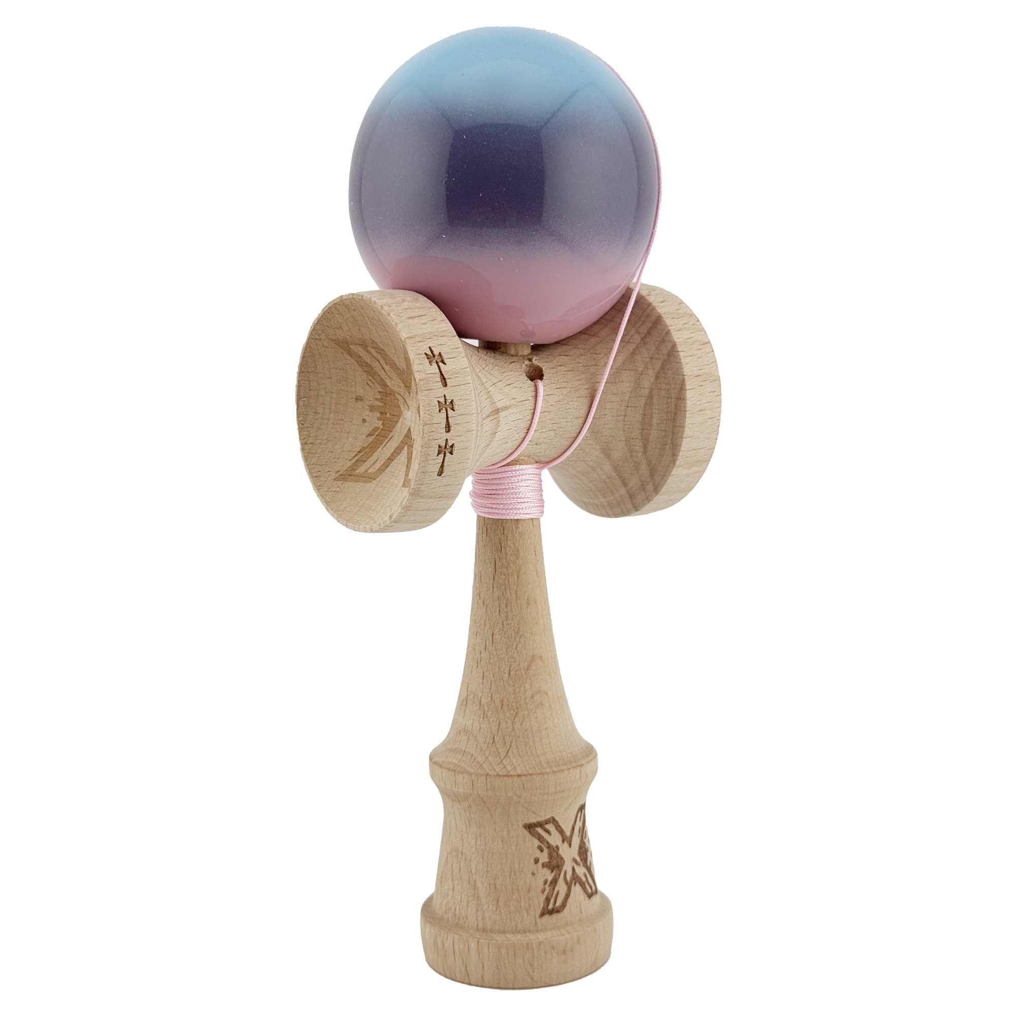Kendama X Originala, Profesionala, Flippy, Big Cups V2, Super Sticky Legendary Cupe Mari, Rulment Metalic cu Ata 55 cm, Albastru/Mov/Roz