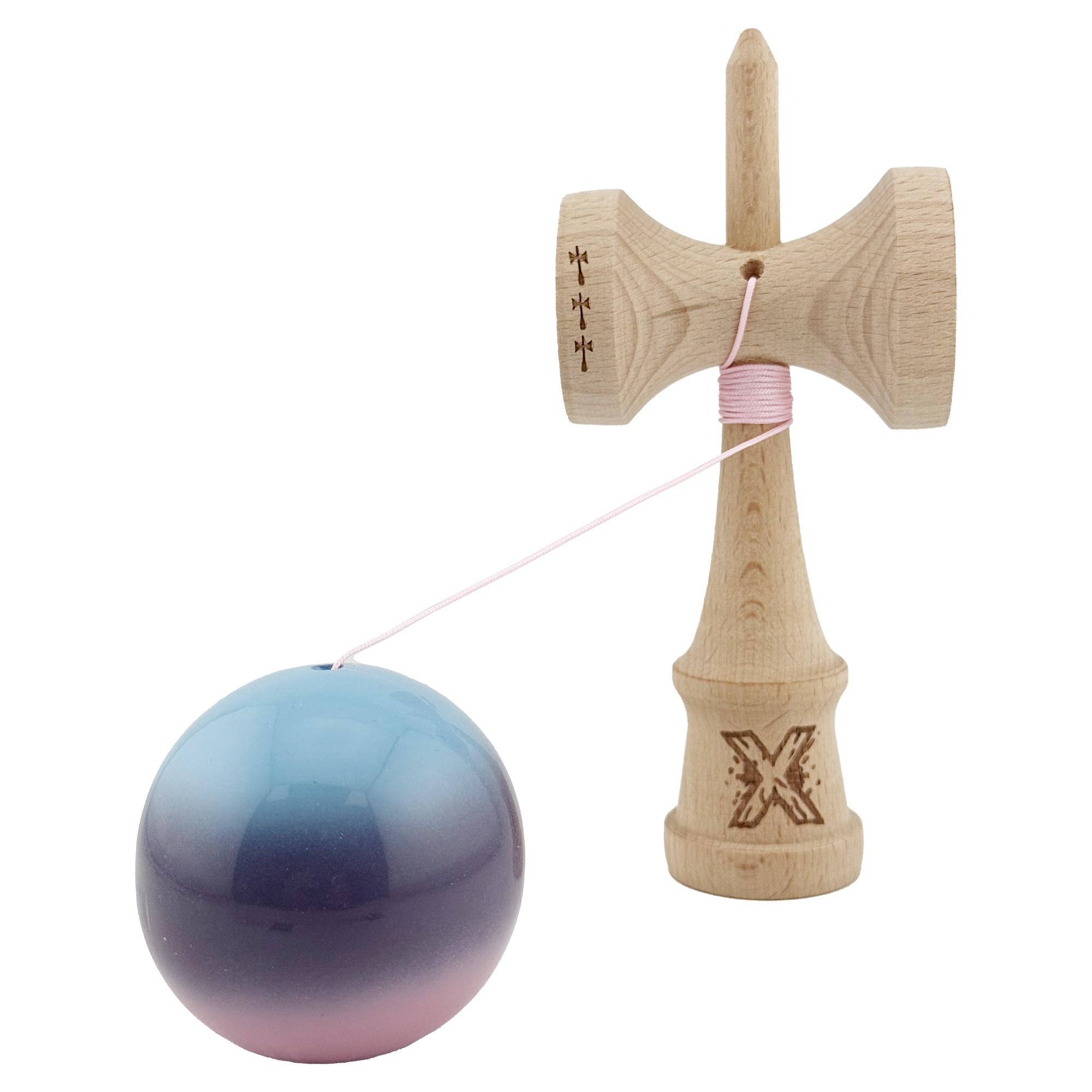 Kendama X Originala, Profesionala, Flippy, Big Cups V2, Super Sticky Legendary Cupe Mari, Rulment Metalic cu Ata 55 cm, Albastru/Mov/Roz