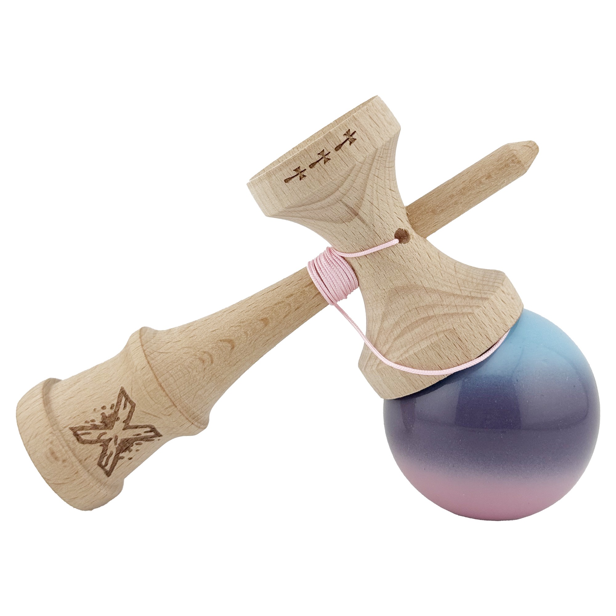 Kendama X Originala, Profesionala, Flippy, Big Cups V2, Super Sticky Legendary Cupe Mari, Rulment Metalic cu Ata 55 cm, Albastru/Mov/Roz