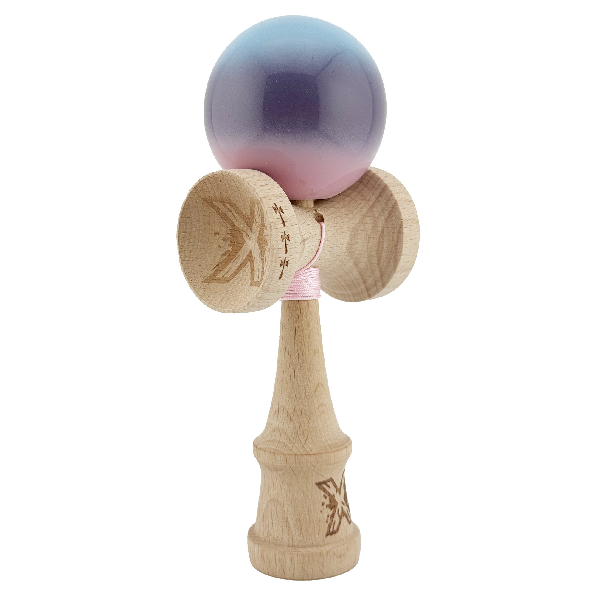 Kendama X Originala, Profesionala, Flippy, Big Cups V2, Super Sticky Legendary Cupe Mari, Rulment Metalic cu Ata 55 cm, Albastru/Mov/Roz