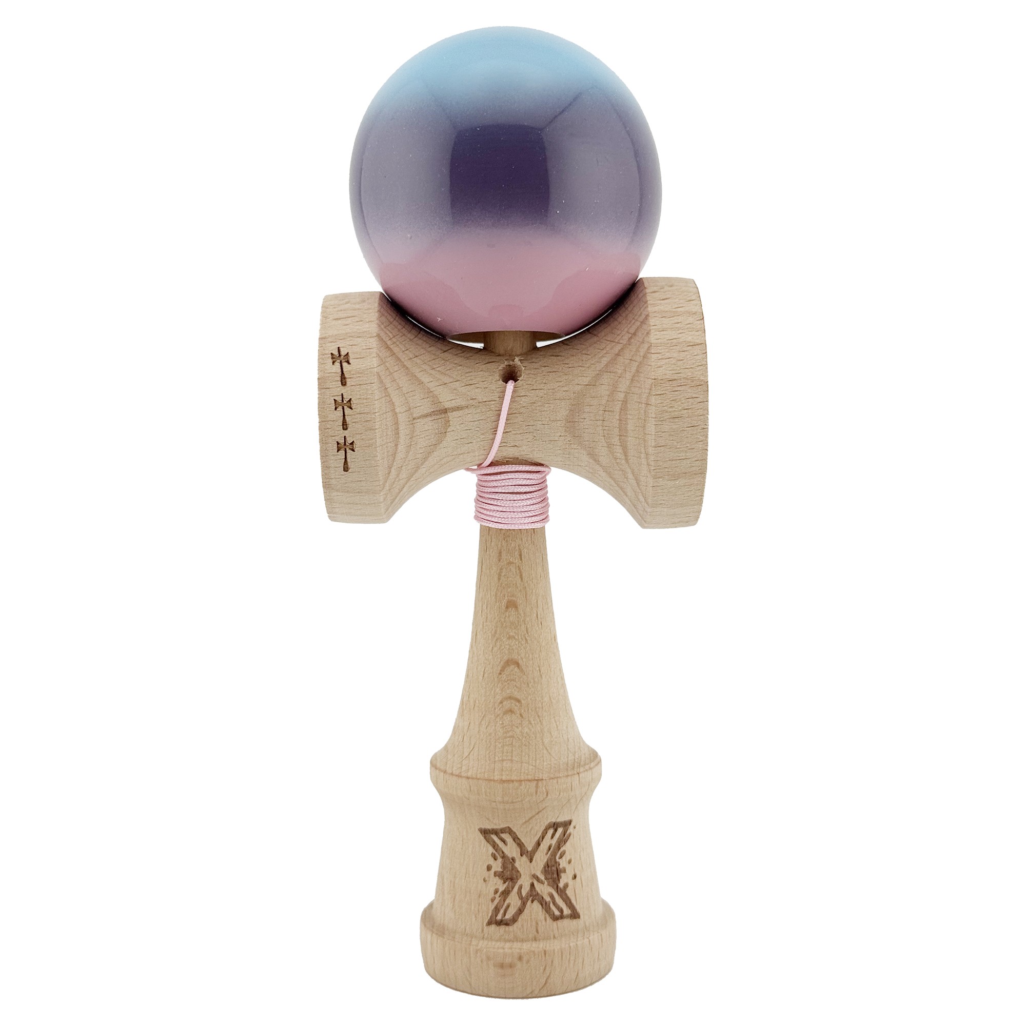 Kendama X Originala, Profesionala, Flippy, Big Cups V2, Super Sticky Legendary Cupe Mari, Rulment Metalic cu Ata 55 cm, Albastru/Mov/Roz