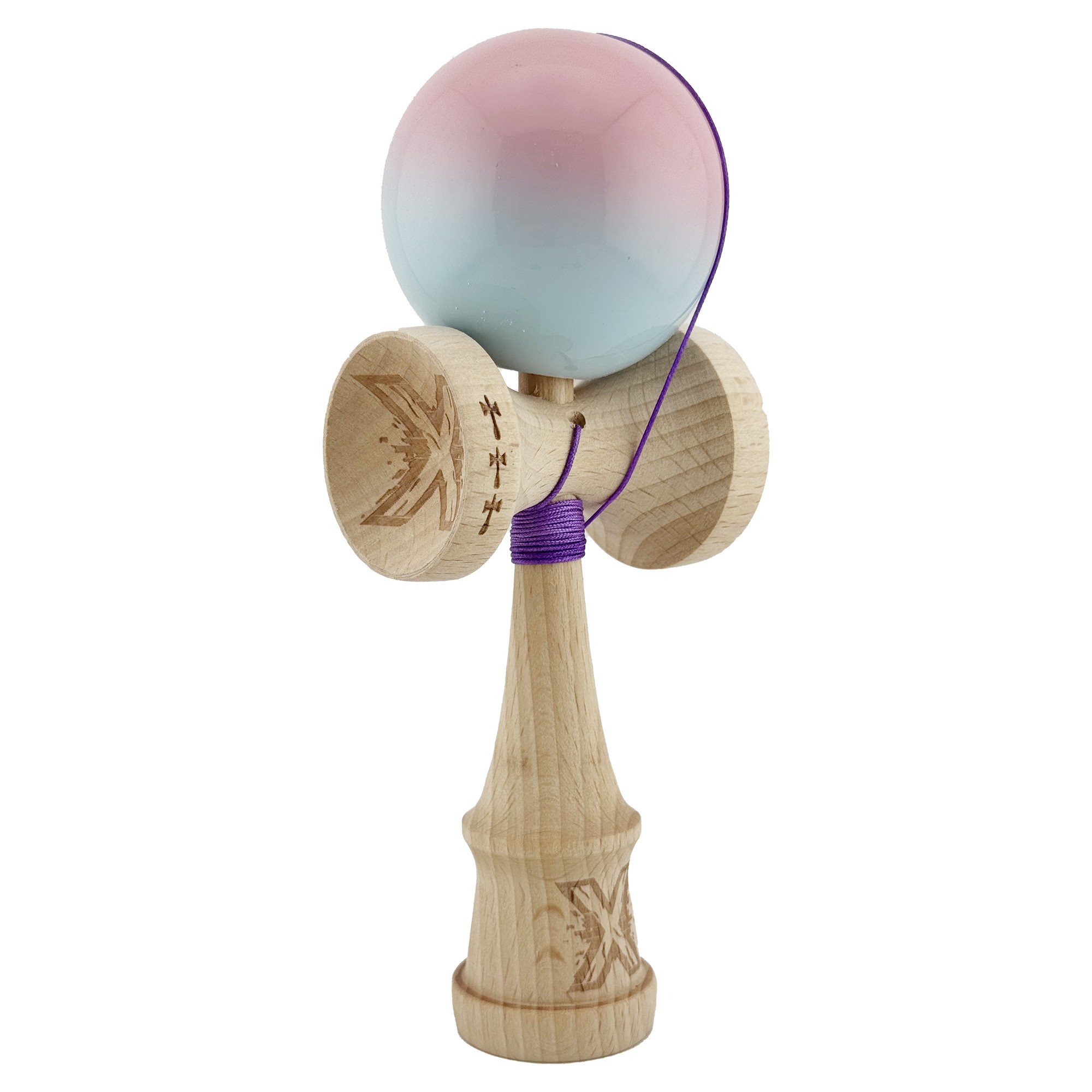 Kendama X Originala, Profesionala, Flippy, Big Cups V2, Super Sticky cu Cupe Mari, din lemn 18 cm, Rulment Metalic cu Ata 55 cm, Roz/Albastru deschis