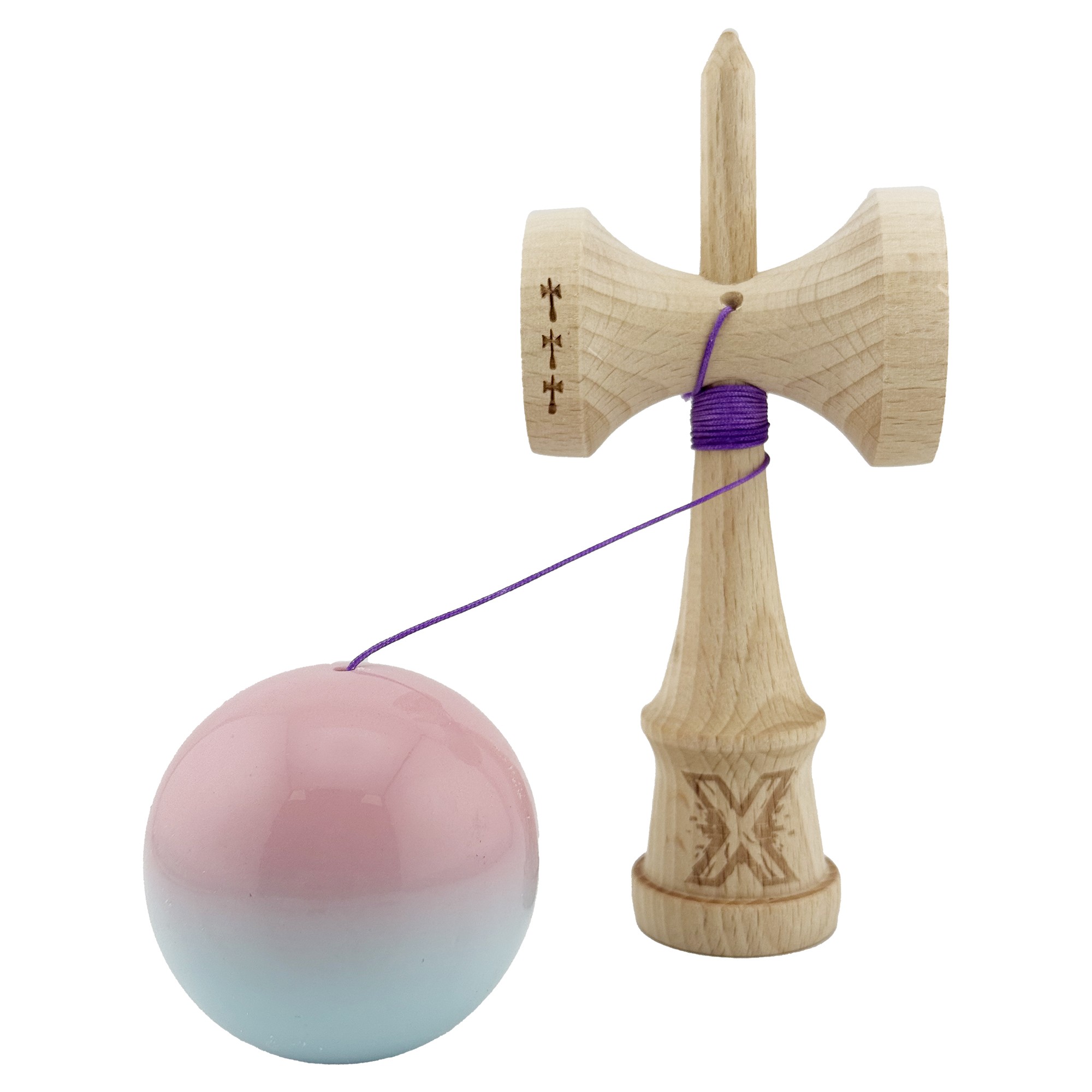 Kendama X Originala, Profesionala, Flippy, Big Cups V2, Super Sticky cu Cupe Mari, din lemn 18 cm, Rulment Metalic cu Ata 55 cm, Roz/Albastru deschis