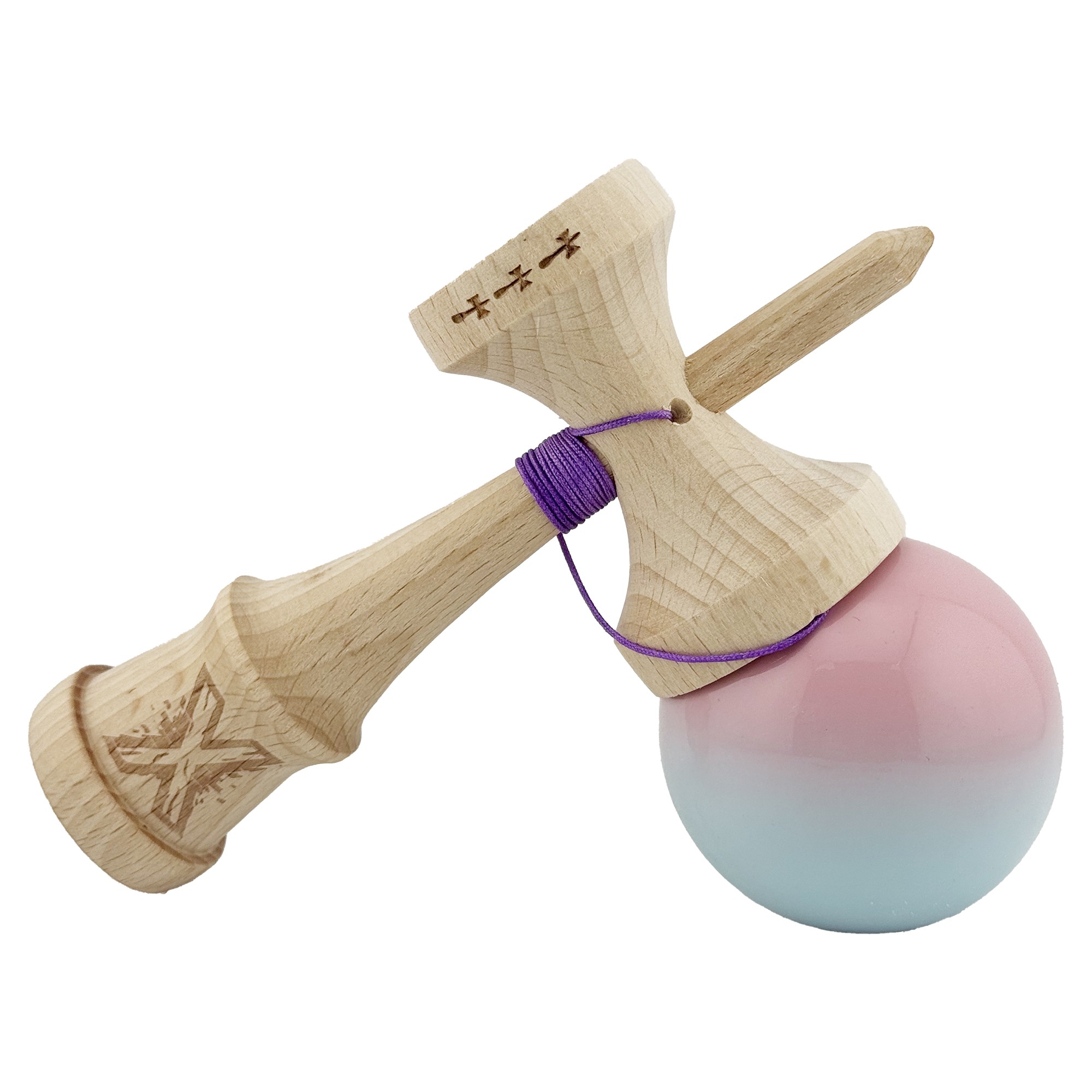 Kendama X Originala, Profesionala, Flippy, Big Cups V2, Super Sticky cu Cupe Mari, din lemn 18 cm, Rulment Metalic cu Ata 55 cm, Roz/Albastru deschis
