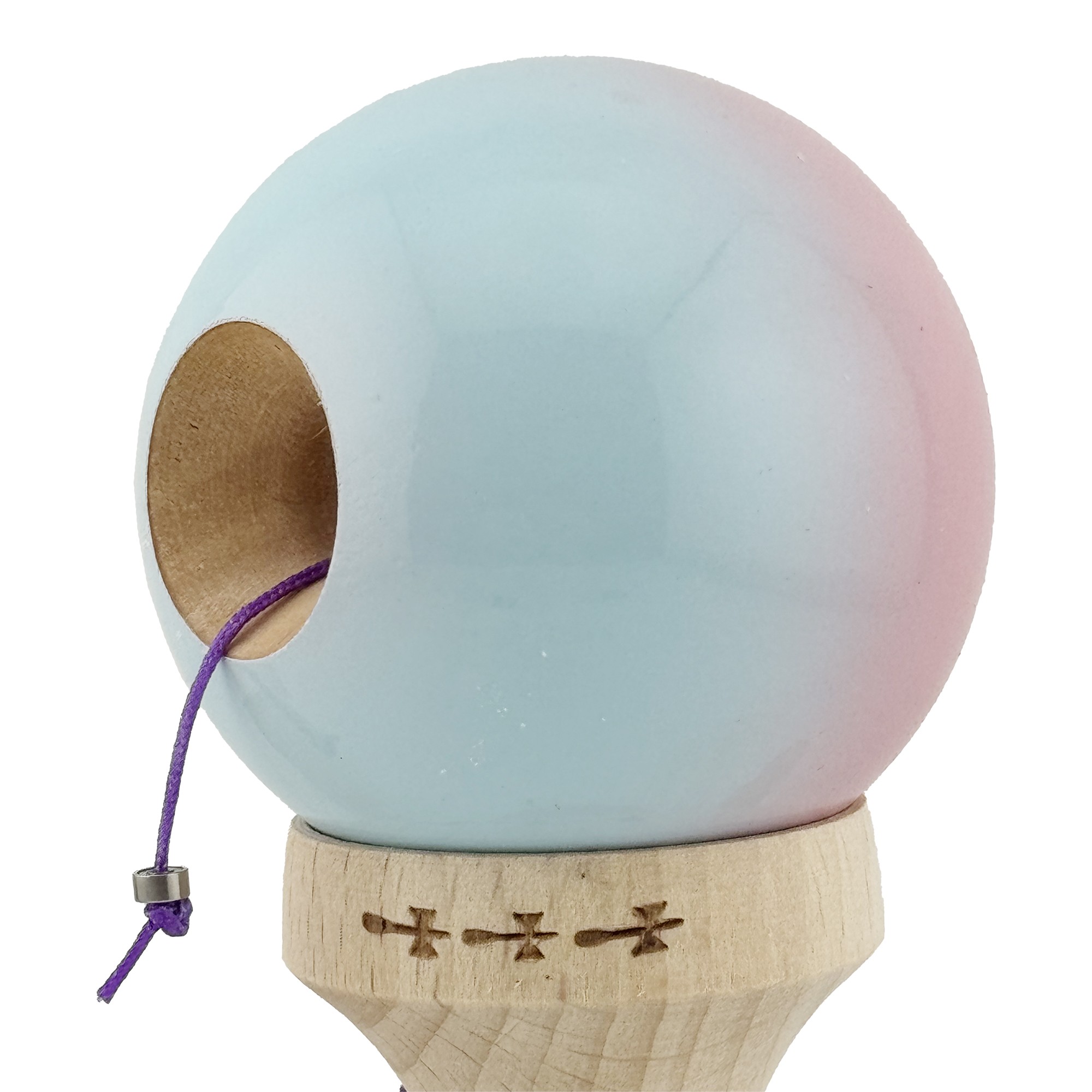 Kendama X Originala, Profesionala, Flippy, Big Cups V2, Super Sticky cu Cupe Mari, din lemn 18 cm, Rulment Metalic cu Ata 55 cm, Roz/Albastru deschis