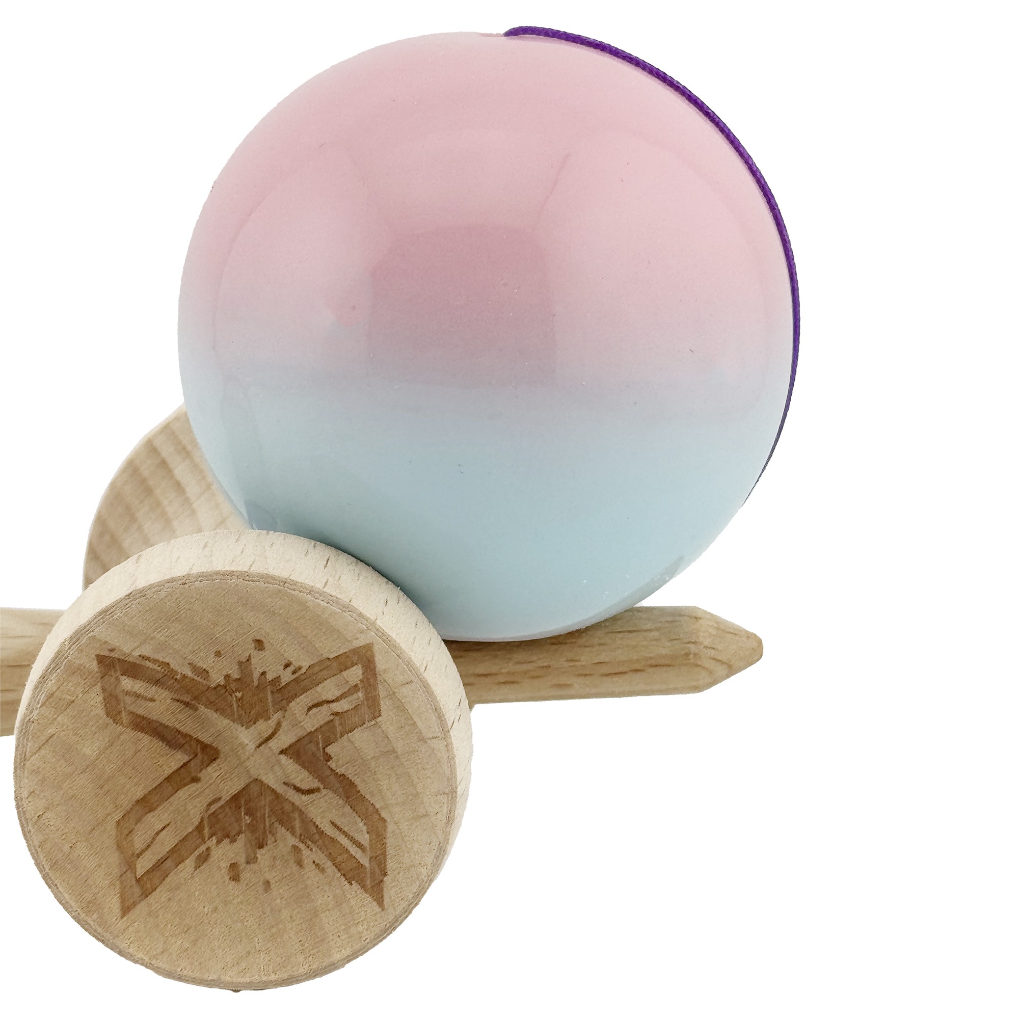 Kendama X Originala, Profesionala, Flippy, Big Cups V2, Super Sticky cu Cupe Mari, din lemn 18 cm, Rulment Metalic cu Ata 55 cm, Roz/Albastru deschis