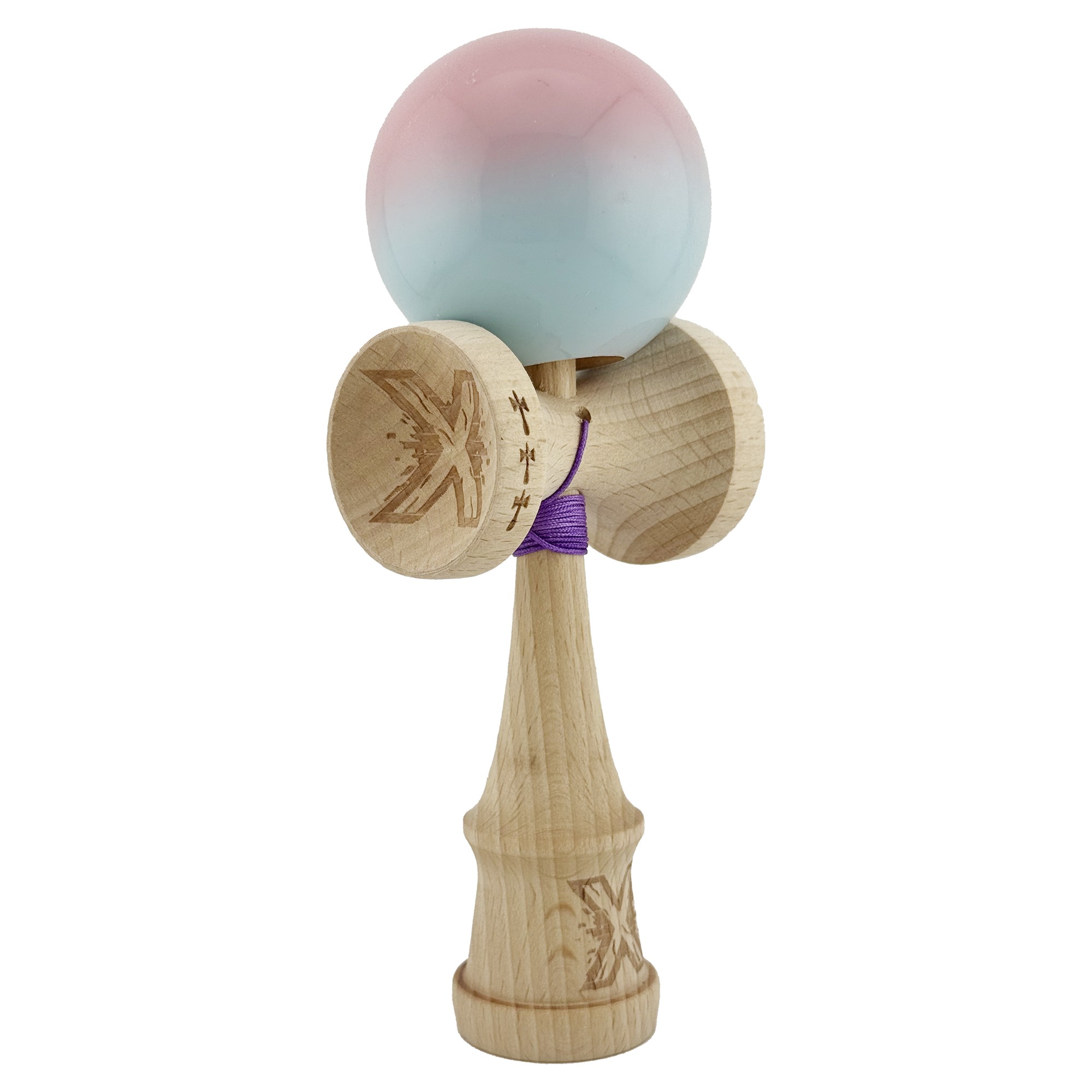 Kendama X Originala, Profesionala, Flippy, Big Cups V2, Super Sticky cu Cupe Mari, din lemn 18 cm, Rulment Metalic cu Ata 55 cm, Roz/Albastru deschis
