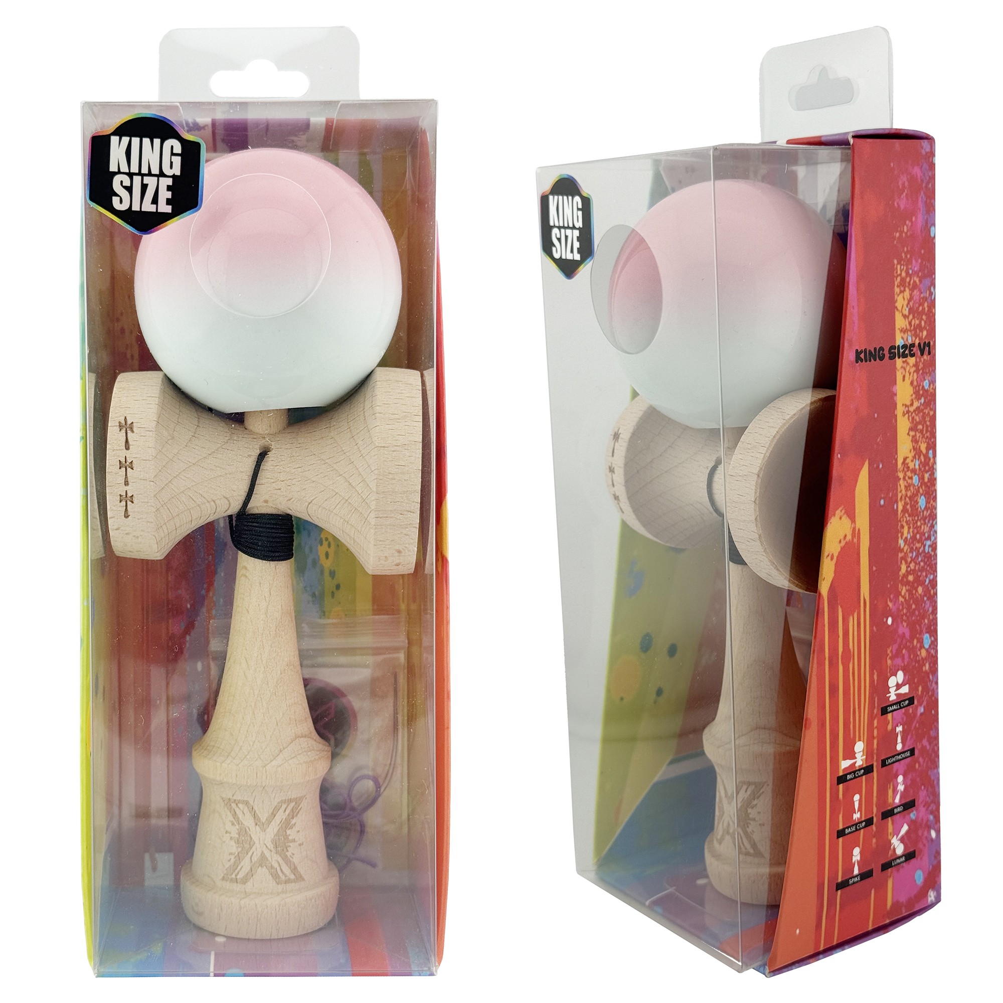 Kendama X Originala, Profesionala, Flippy, Big Cups V2, Super Sticky cu Cupe Mari, din lemn 18 cm, Rulment Metalic cu Ata 55 cm, Roz/Albastru deschis