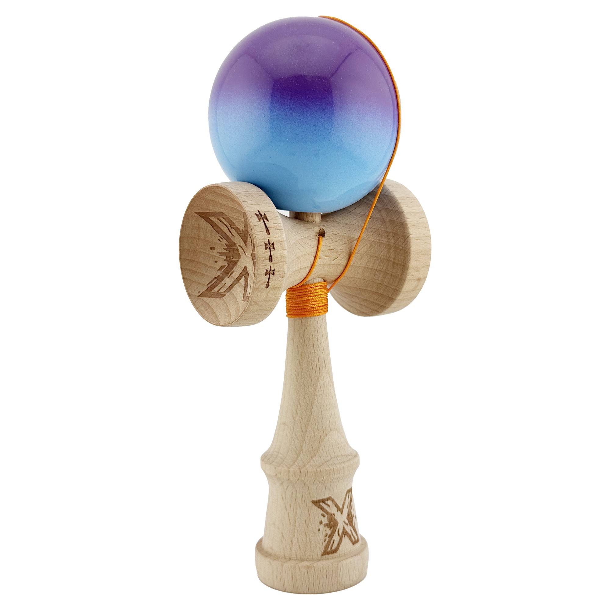 Kendama X Originala, Profesionala, Flippy, Big Cups V2, Super Sticky cu Cupe Mari, din lemn 18 cm, Rulment Metalic cu Ata 55 cm, Mov/Albastru