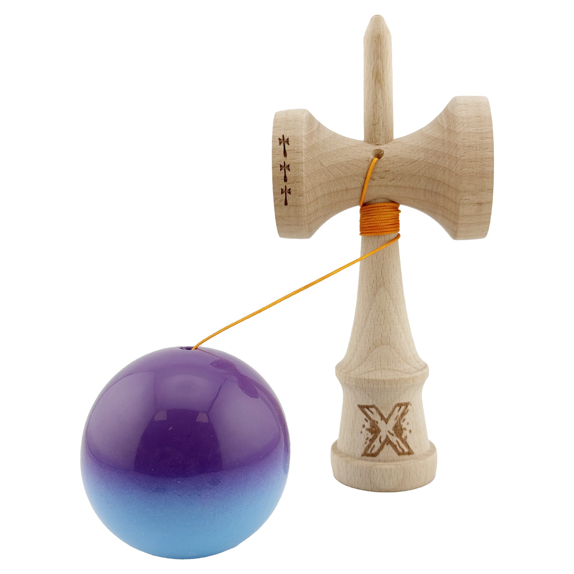 Kendama X Originala, Profesionala, Flippy, Big Cups V2, Super Sticky cu Cupe Mari, din lemn 18 cm, Rulment Metalic cu Ata 55 cm, Mov/Albastru