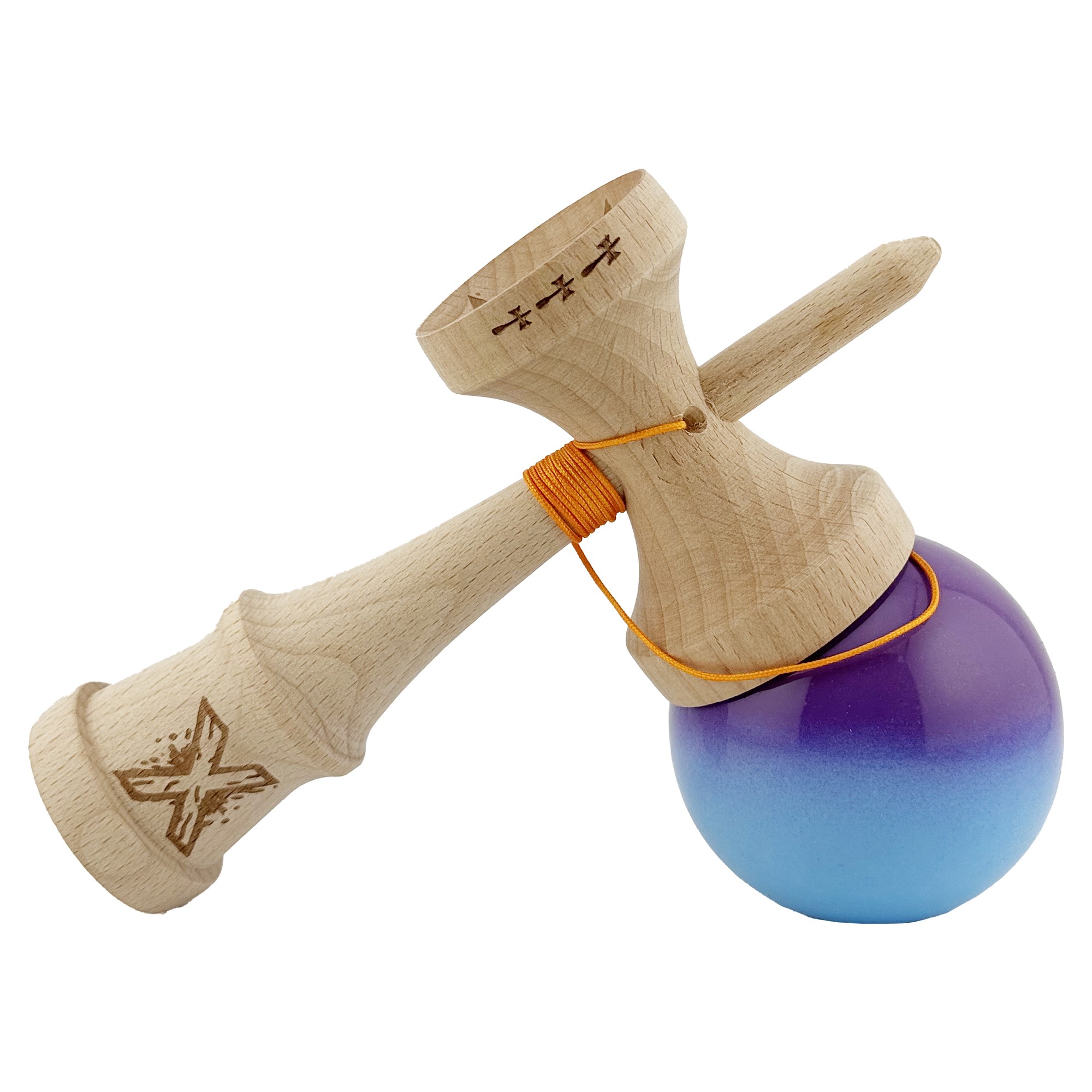 Kendama X Originala, Profesionala, Flippy, Big Cups V2, Super Sticky cu Cupe Mari, din lemn 18 cm, Rulment Metalic cu Ata 55 cm, Mov/Albastru