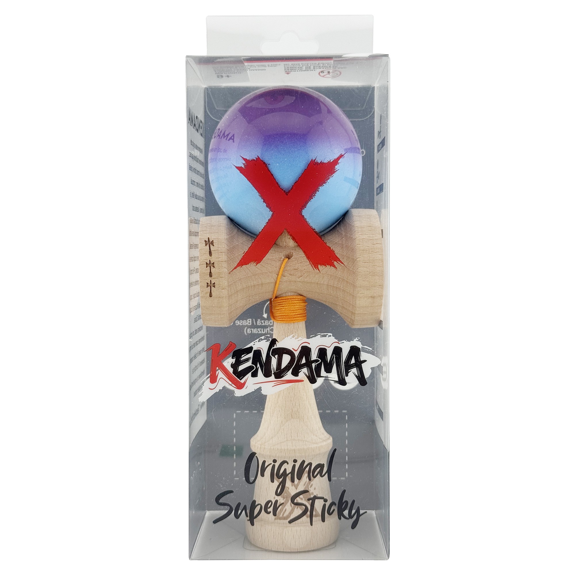 Kendama X Originala, Profesionala, Flippy, Big Cups V2, Super Sticky cu Cupe Mari, din lemn 18 cm, Rulment Metalic cu Ata 55 cm, Mov/Albastru