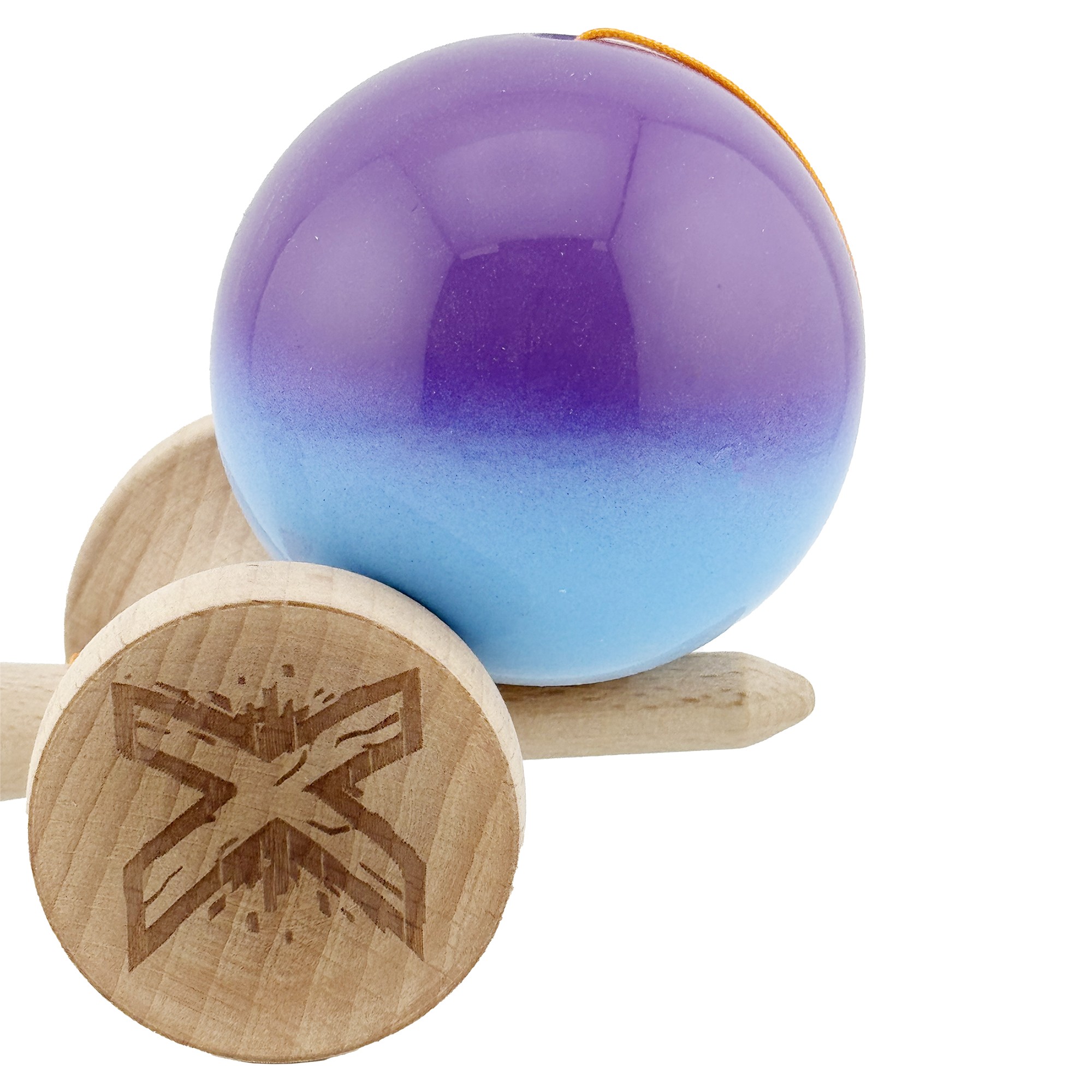 Kendama X Originala, Profesionala, Flippy, Big Cups V2, Super Sticky cu Cupe Mari, din lemn 18 cm, Rulment Metalic cu Ata 55 cm, Mov/Albastru