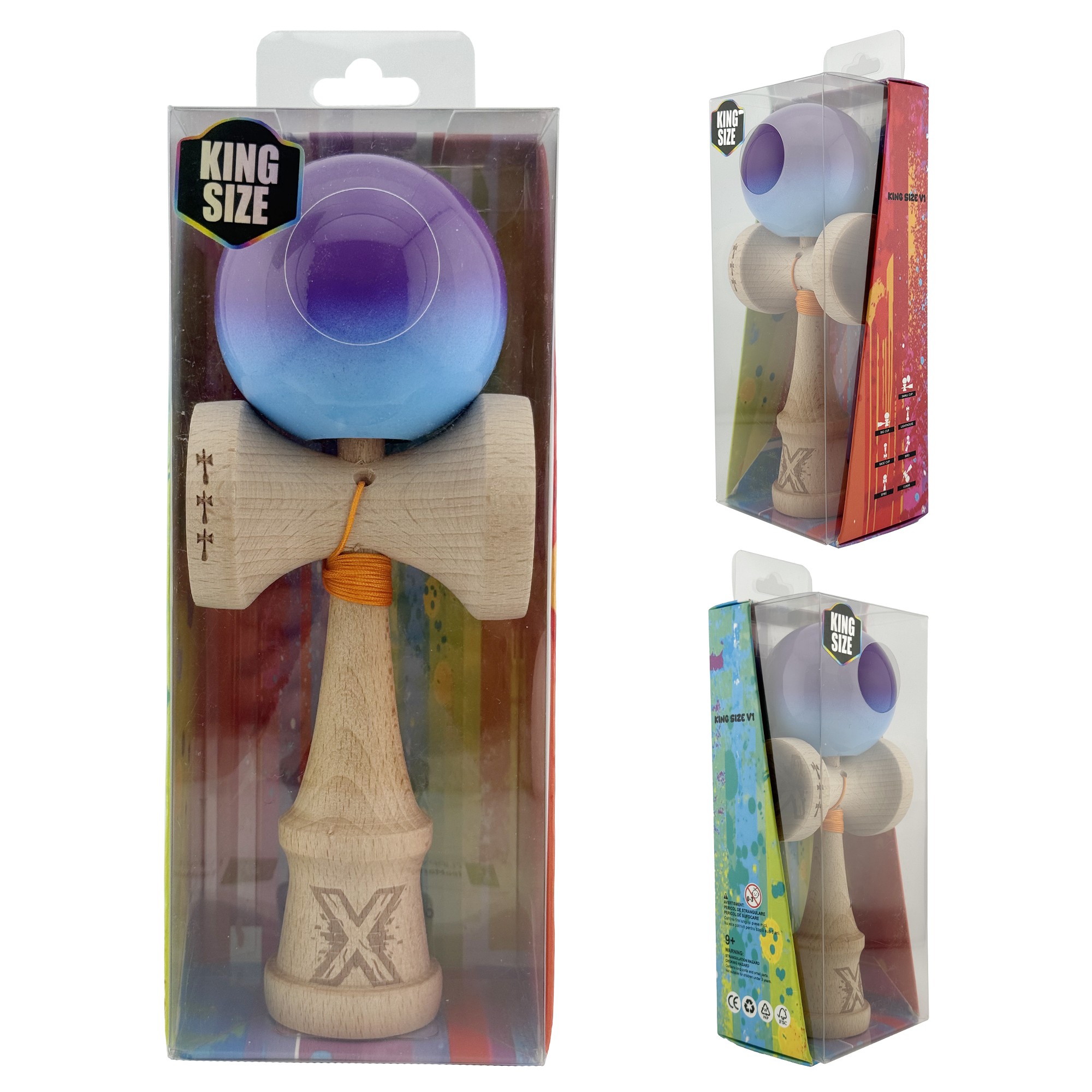 Kendama X Originala, Profesionala, Flippy, Big Cups V2, Super Sticky cu Cupe Mari, din lemn 18 cm, Rulment Metalic cu Ata 55 cm, Mov/Albastru