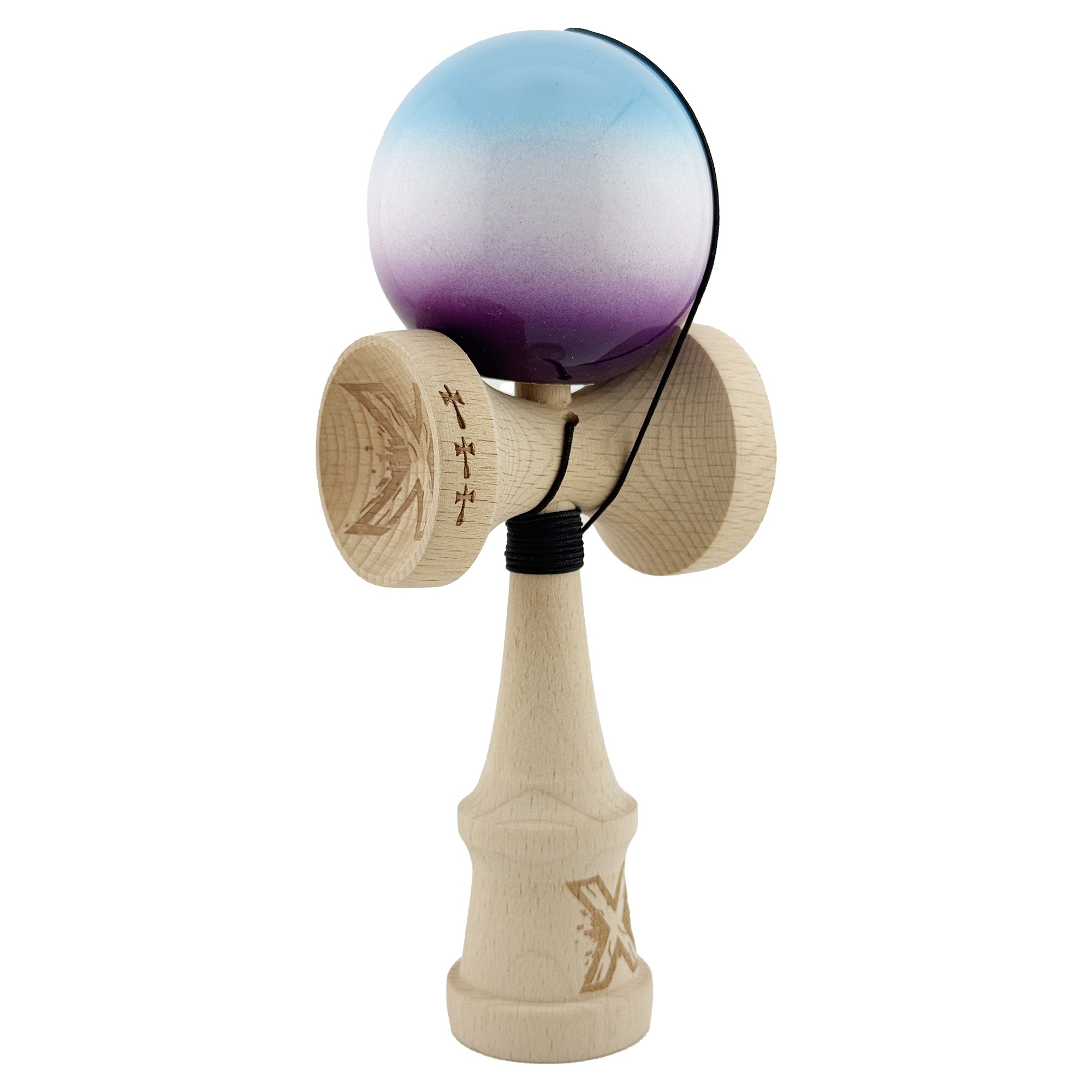 Kendama X Originala, Profesionala, Flippy, Big Cups V2, Super Sticky cu Cupe Mari, din lemn 18 cm, Rulment Metalic cu Ata 55 cm, Albastru/Alb/Mov