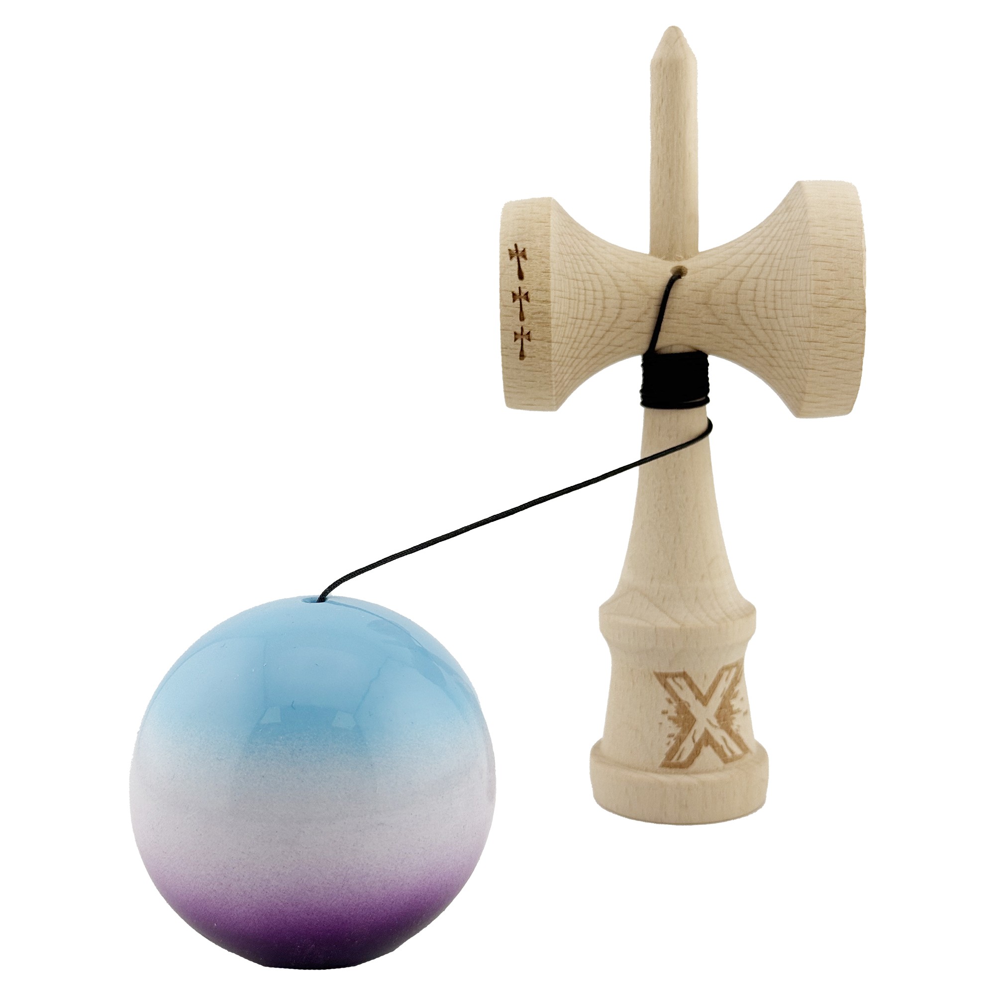 Kendama X Originala, Profesionala, Flippy, Big Cups V2, Super Sticky cu Cupe Mari, din lemn 18 cm, Rulment Metalic cu Ata 55 cm, Albastru/Alb/Mov