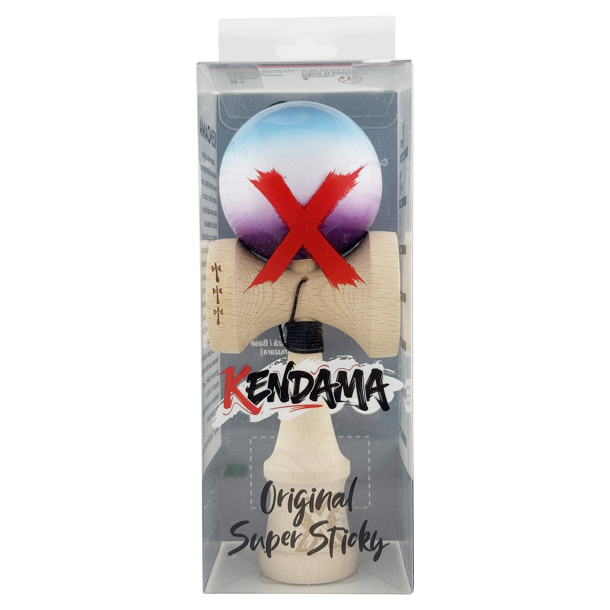 Kendama X Originala, Profesionala, Flippy, Big Cups V2, Super Sticky cu Cupe Mari, din lemn 18 cm, Rulment Metalic cu Ata 55 cm, Albastru/Alb/Mov