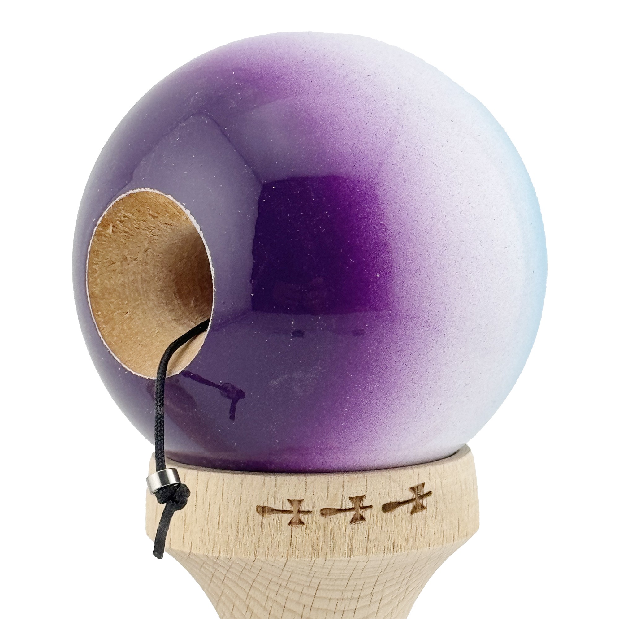 Kendama X Originala, Profesionala, Flippy, Big Cups V2, Super Sticky cu Cupe Mari, din lemn 18 cm, Rulment Metalic cu Ata 55 cm, Albastru/Alb/Mov